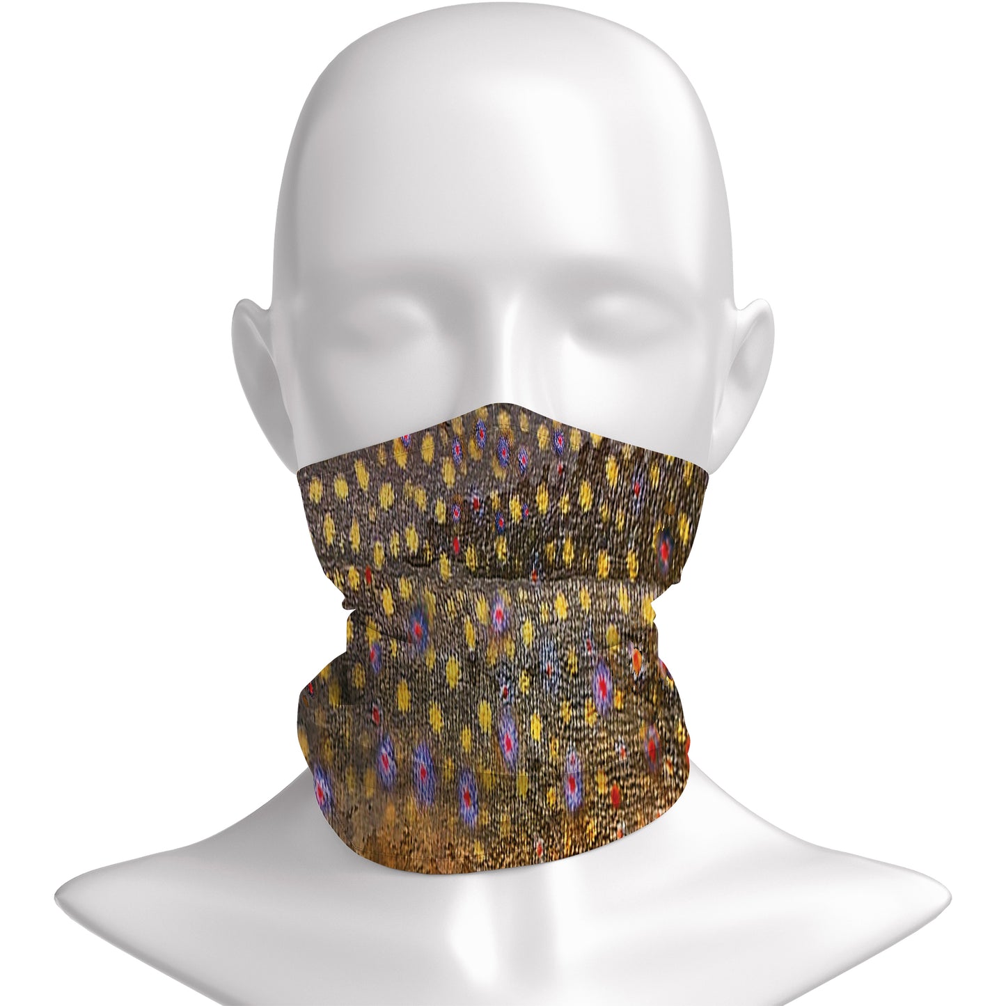 Patterned face mask on a mannequin head against a white background