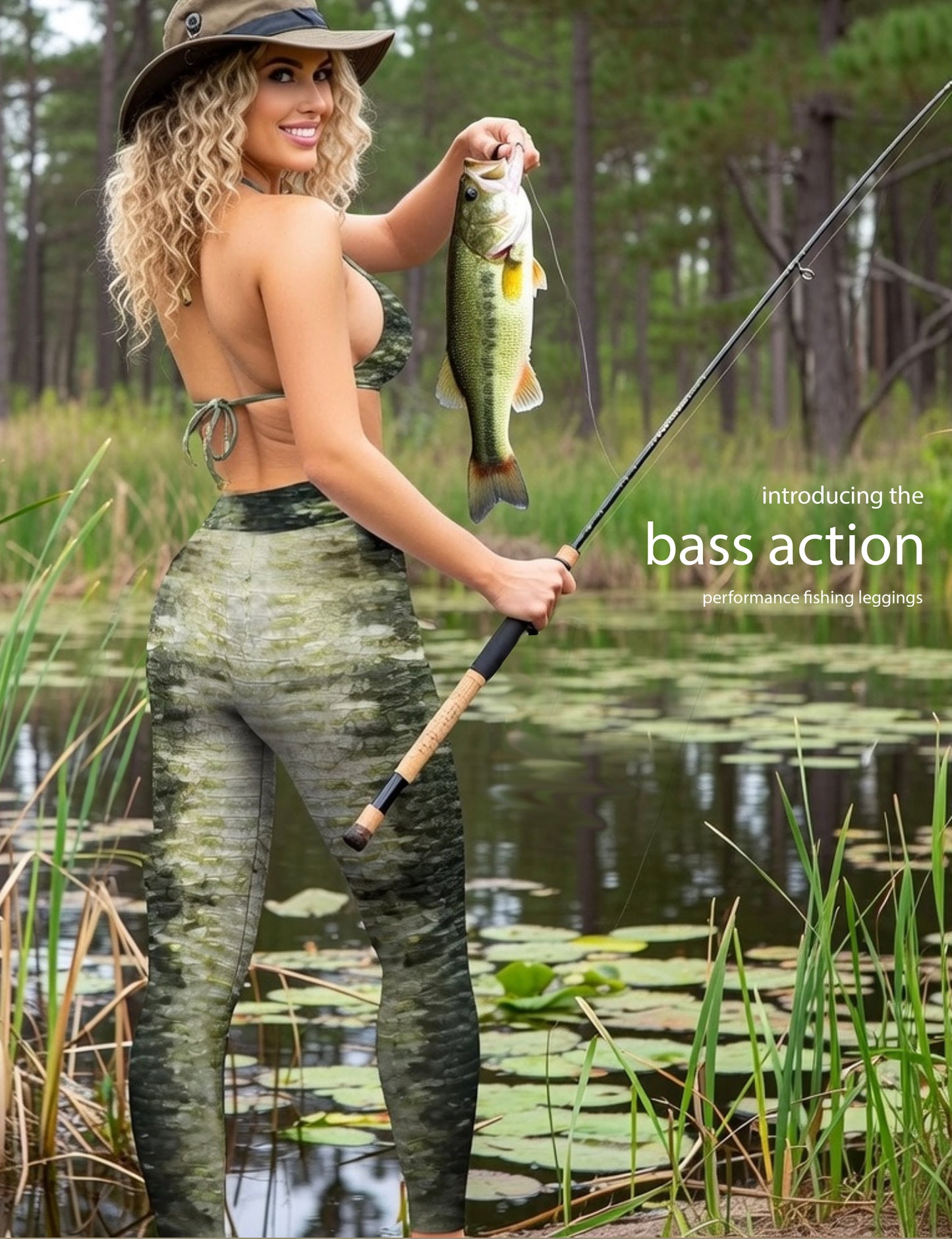 Bass Action - Women's Custom Sport Fishing Leggings featuring Crossfit Design, Double Stitch Seams, Cell/Tool Pocket MADE IN USA.