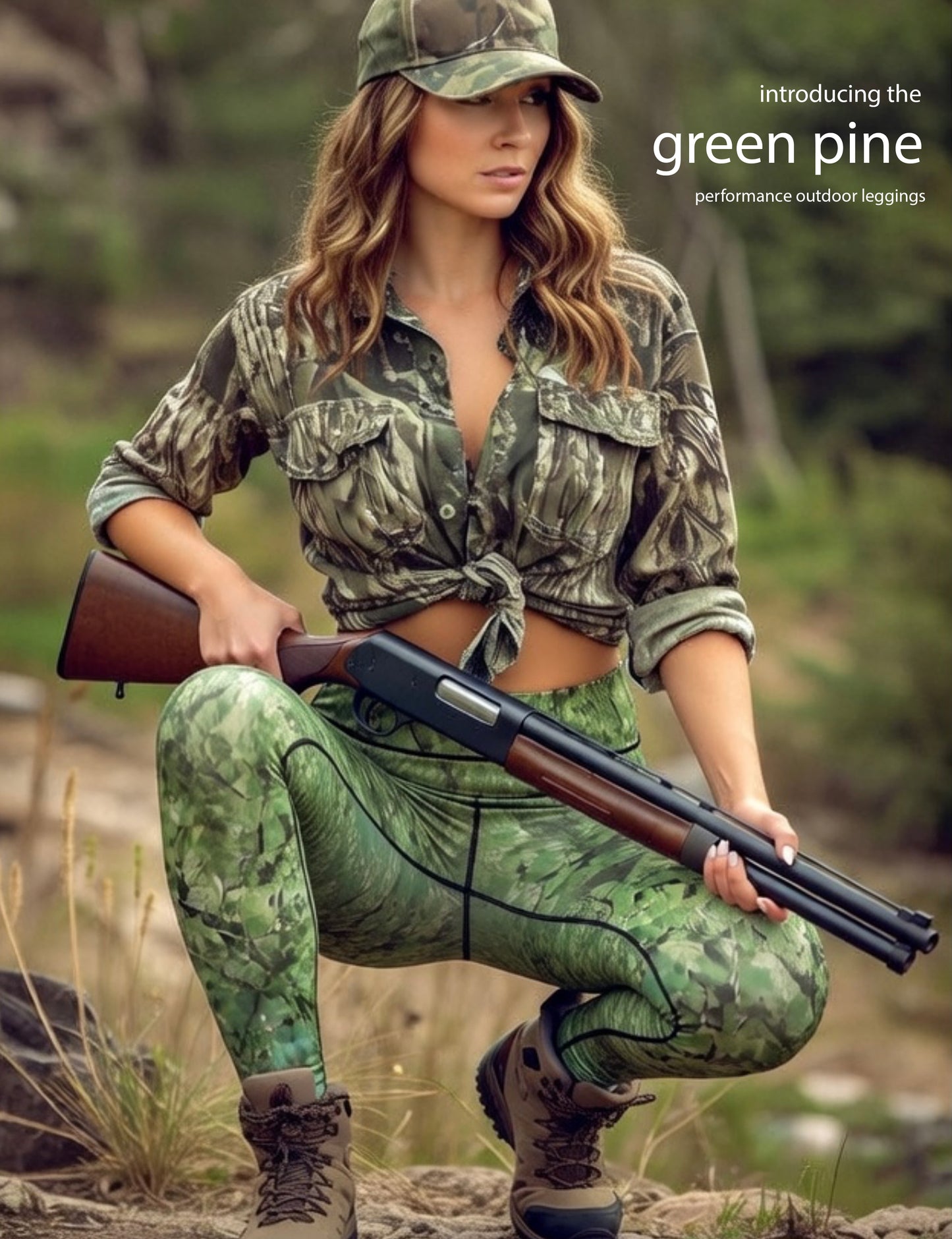 Green Pine - Women's Custom Sport Fishing Leggings featuring Crossfit Design, Double Stitch Seams, Cell/Tool Pocket MADE IN USA.