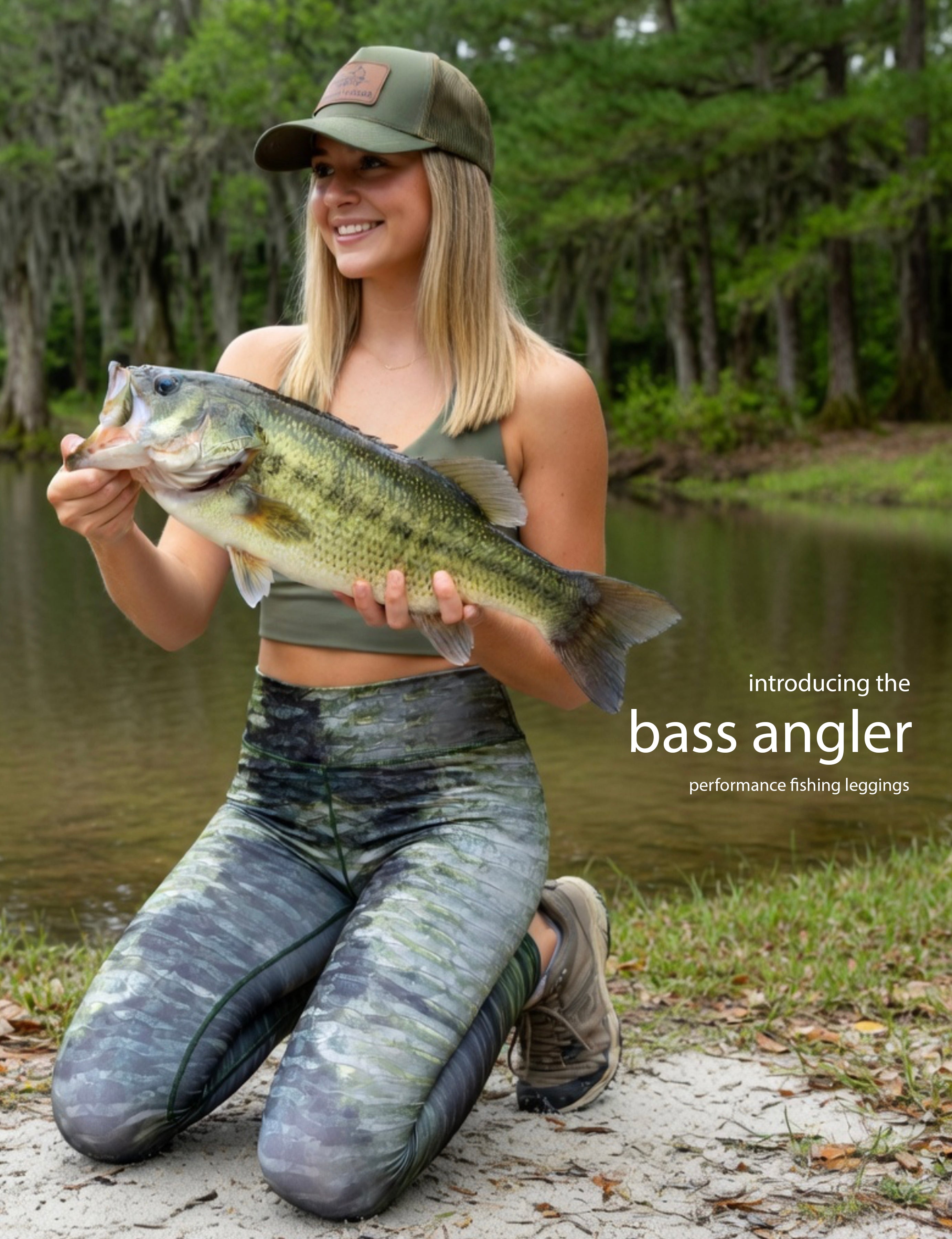 Bass Angler - Women's Custom Sport Fishing Leggings featuring Crossfit Design, Double Stitch Seams, Cell/Tool Pocket MADE IN USA.
