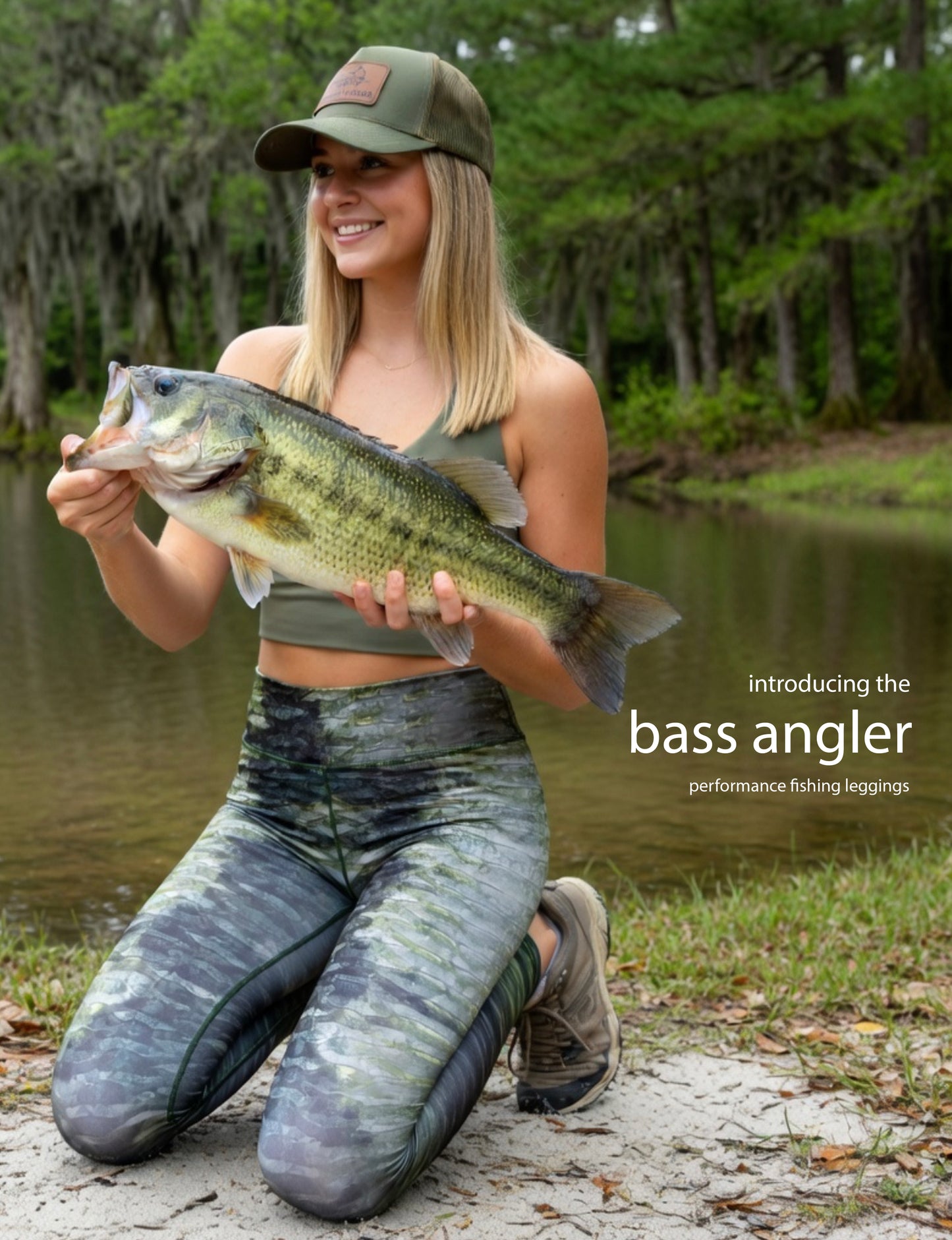 Bass Angler - Women's Custom Sport Fishing Leggings featuring Crossfit Design, Double Stitch Seams, Cell/Tool Pocket MADE IN USA.