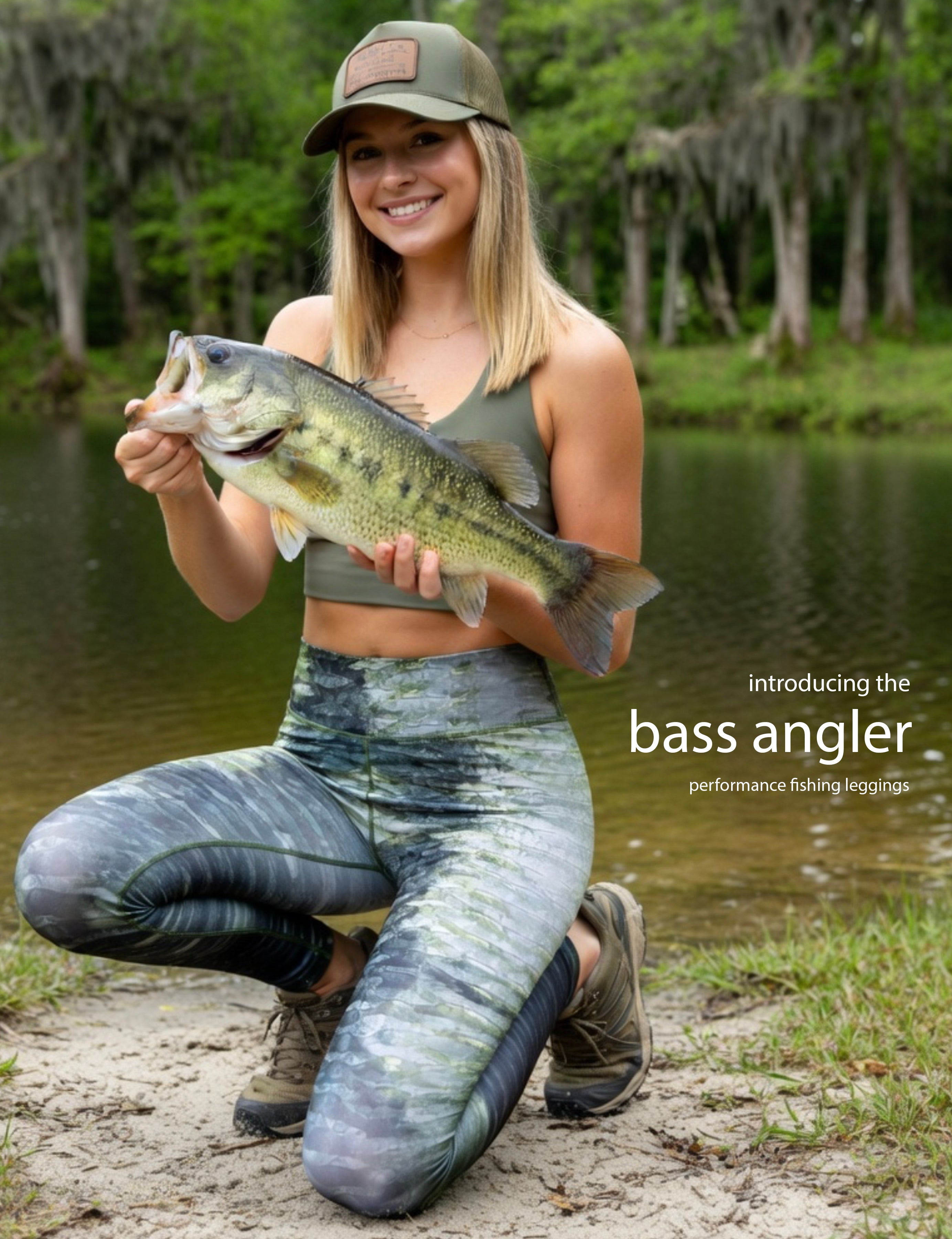 Bass Angler - Women's Custom Sport Fishing Leggings featuring Crossfit Design, Double Stitch Seams, Cell/Tool Pocket MADE IN USA.