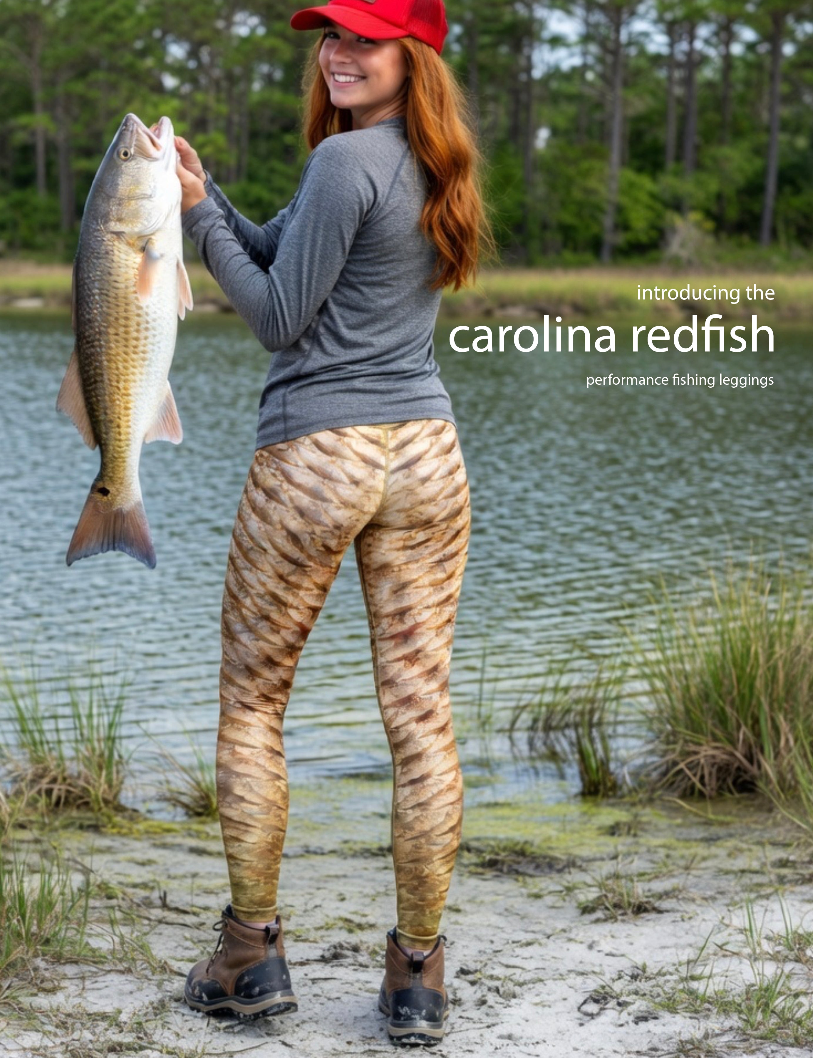 Carolina Redfish - Women's Custom Sport Fishing Leggings featuring Crossfit Design, Double Stitch Seams, Cell/Tool Pocket MADE IN USA.