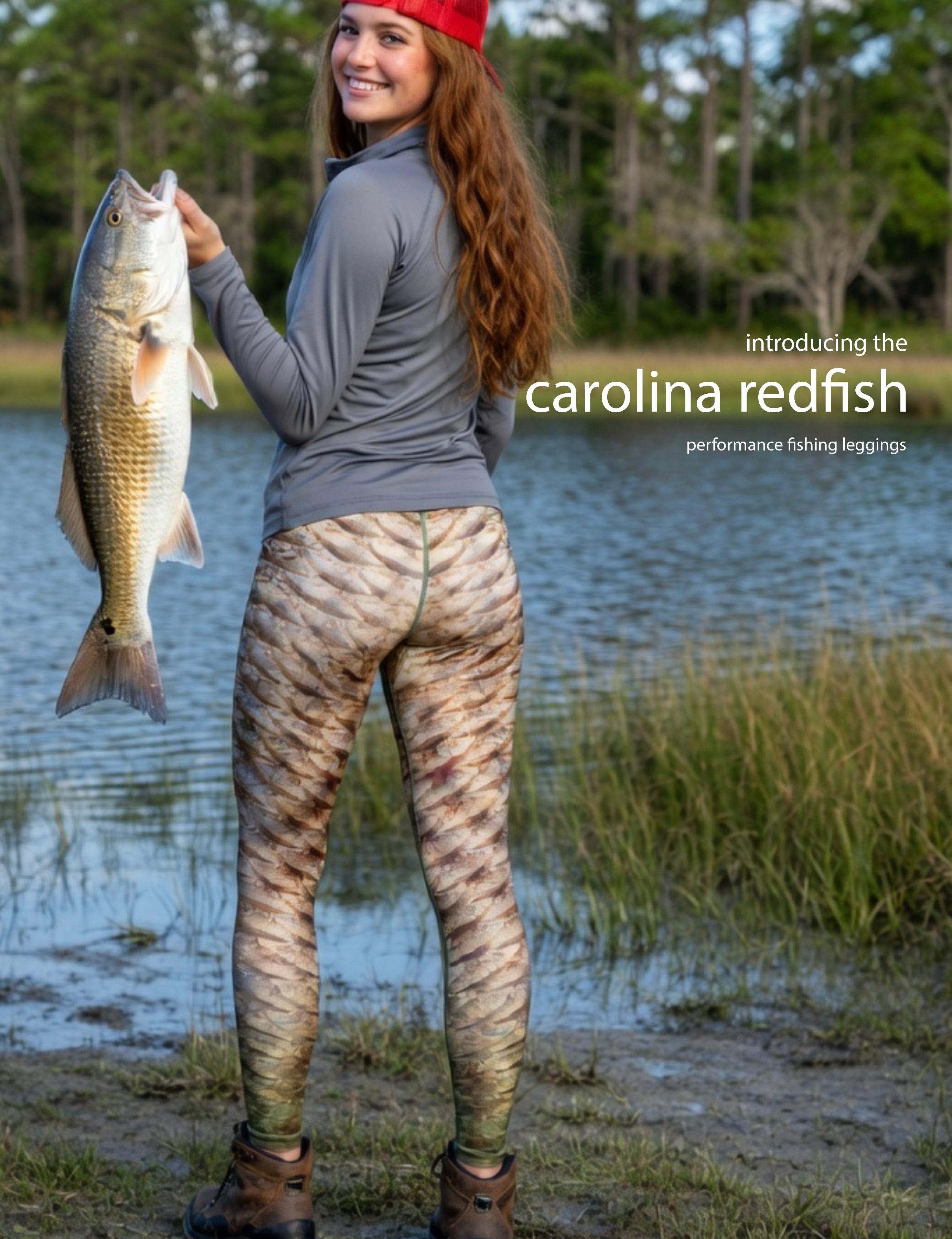 Carolina Redfish - Women's Custom Sport Fishing Leggings featuring Crossfit Design, Double Stitch Seams, Cell/Tool Pocket MADE IN USA.