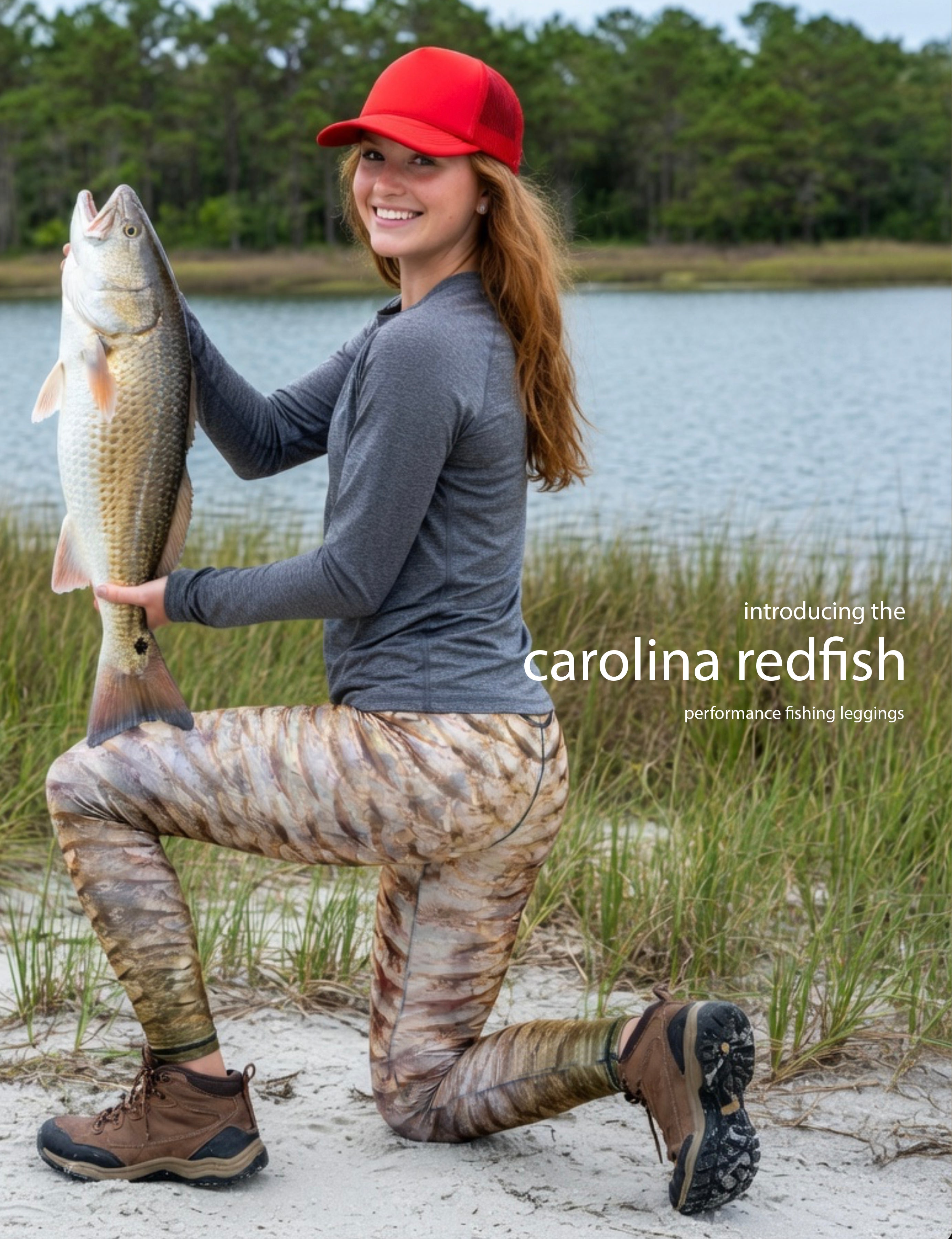 Carolina Redfish - Women's Custom Sport Fishing Leggings featuring Crossfit Design, Double Stitch Seams, Cell/Tool Pocket MADE IN USA.