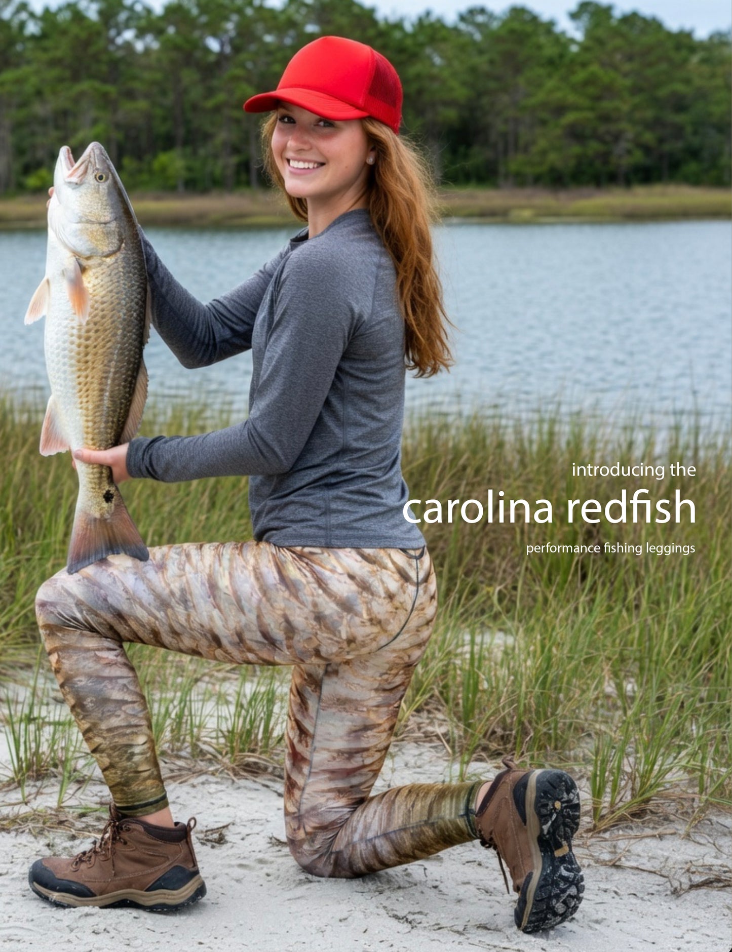 Carolina Redfish - Women's Custom Sport Fishing Leggings featuring Crossfit Design, Double Stitch Seams, Cell/Tool Pocket MADE IN USA.