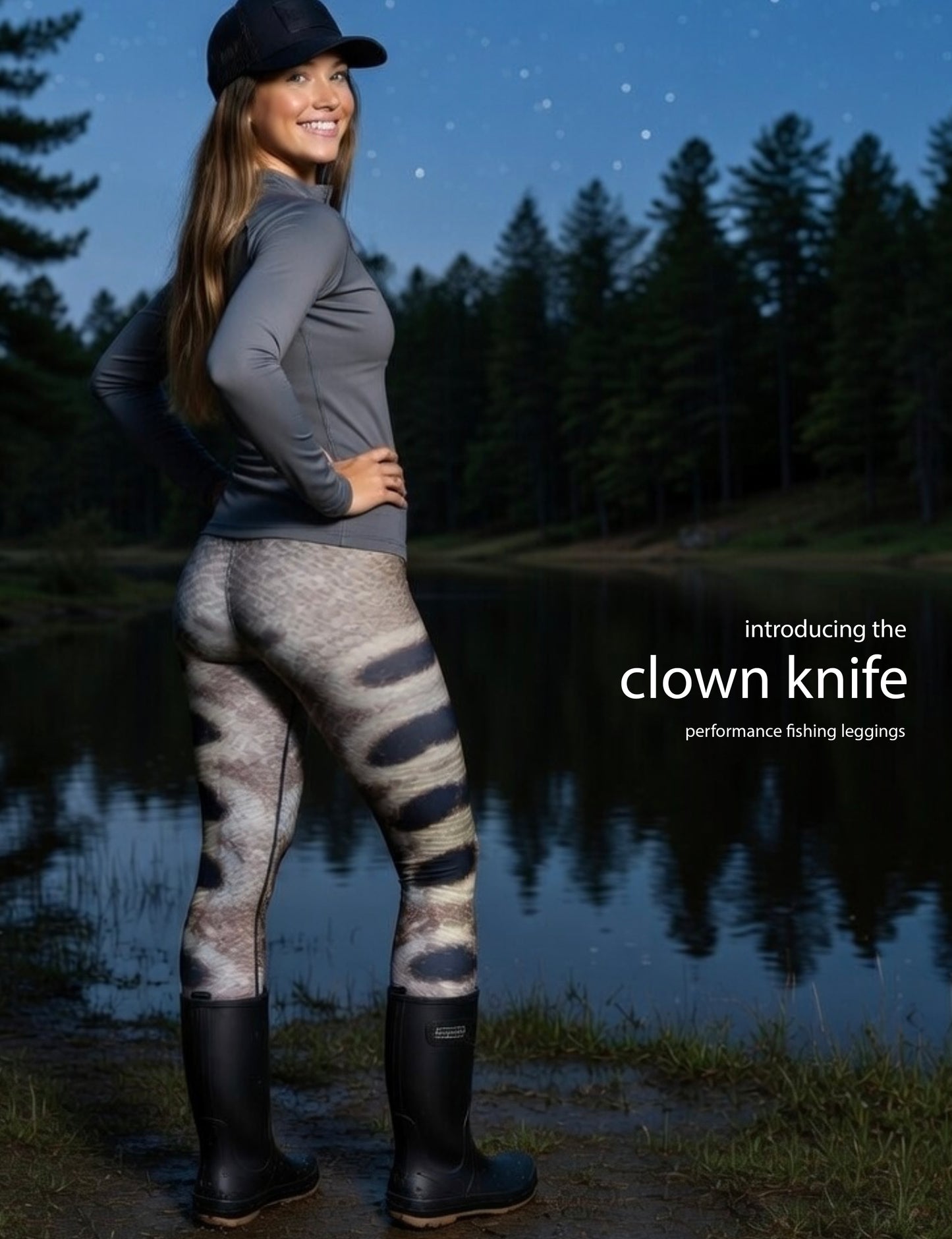 Clown Knife - Women's Custom Sport Fishing Leggings featuring Crossfit Design, Double Stitch Seams, Cell/Tool Pocket MADE IN USA.