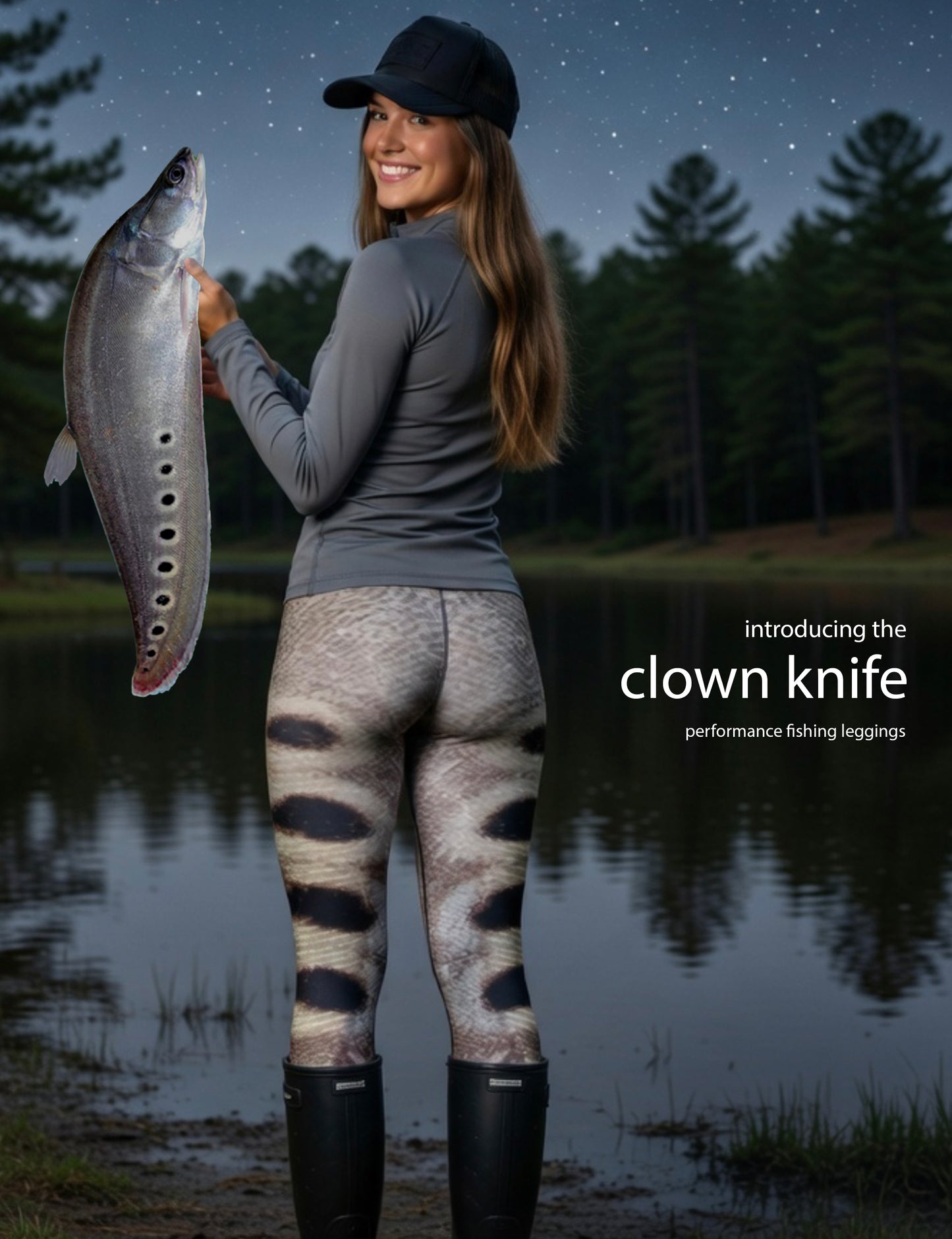 Clown Knife - Women's Custom Sport Fishing Leggings featuring Crossfit Design, Double Stitch Seams, Cell/Tool Pocket MADE IN USA.