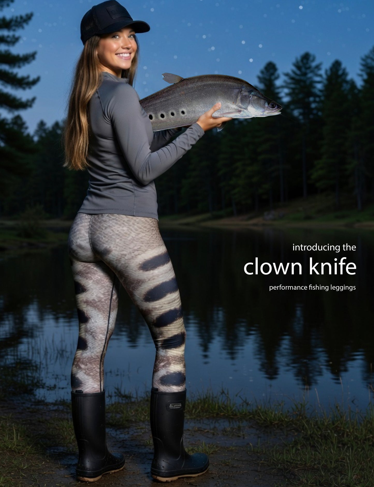 Clown Knife - Women's Custom Sport Fishing Leggings featuring Crossfit Design, Double Stitch Seams, Cell/Tool Pocket MADE IN USA.