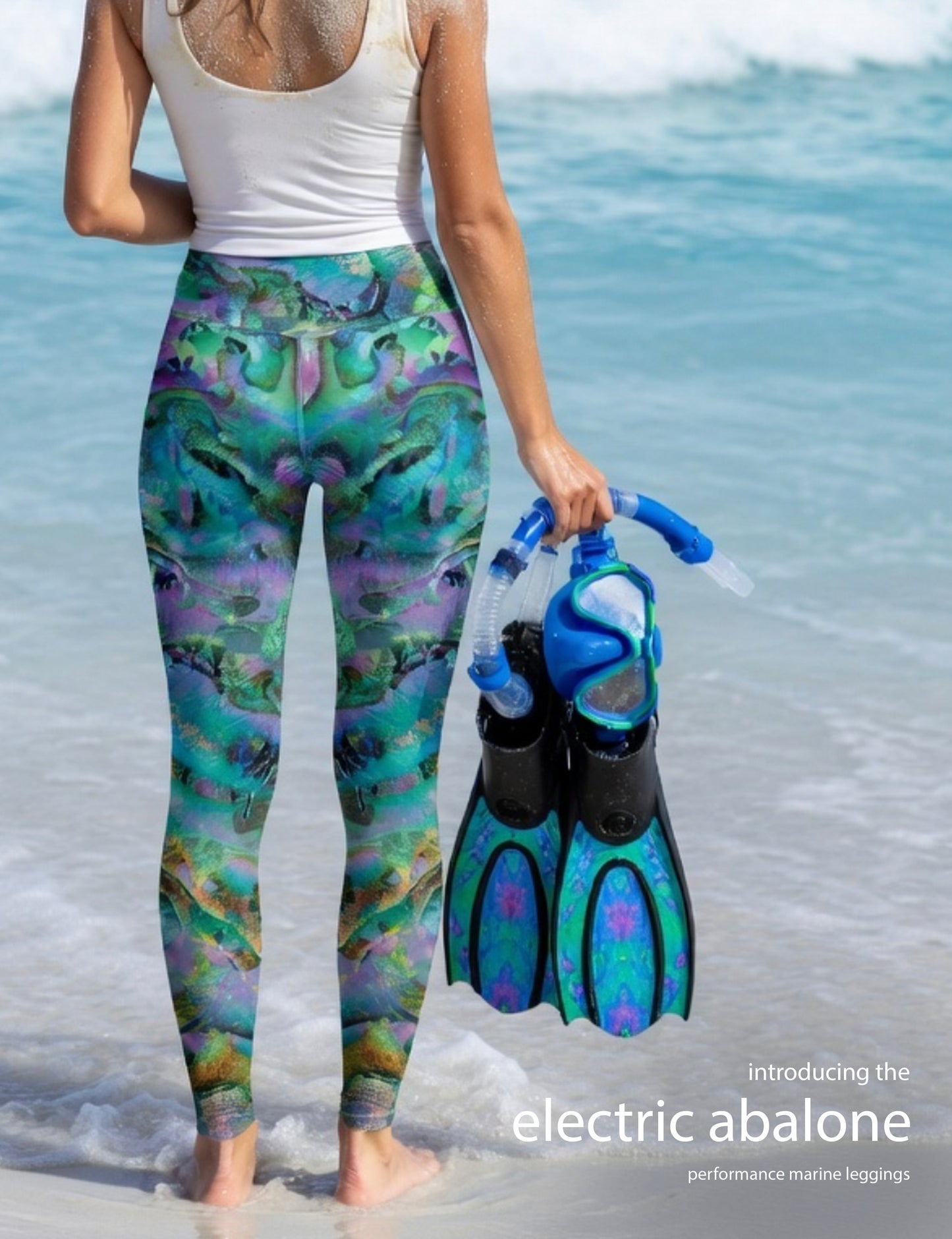 Electric Abalone  - Women's Custom Sport Fishing Leggings featuring Crossfit Design, Double Stitch Seams, Cell/Tool Pocket MADE IN USA.
