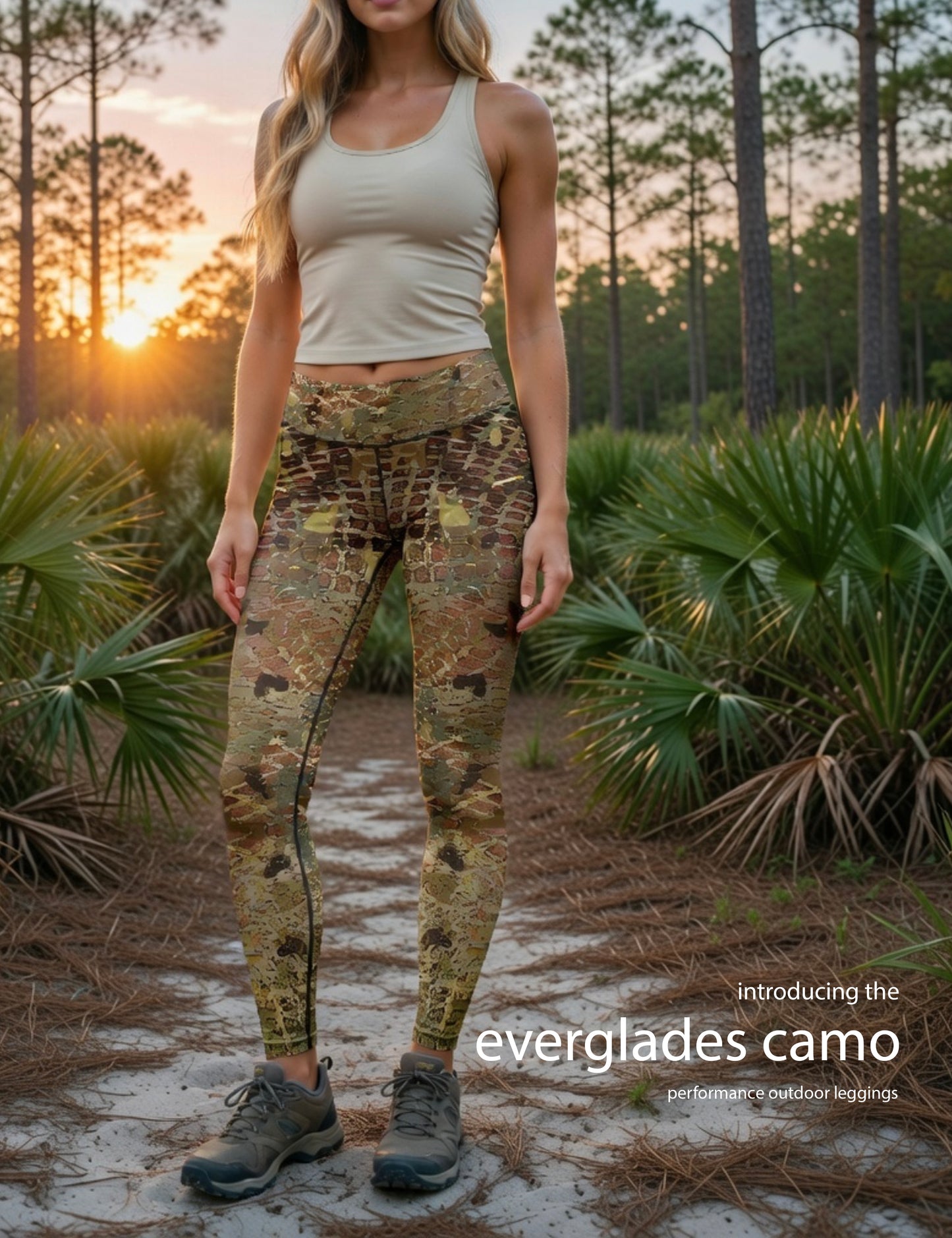 Everglades Camo - Women's Custom Sport Fishing Leggings featuring Crossfit Design, Double Stitch Seams, Cell/Tool Pocket MADE IN USA.