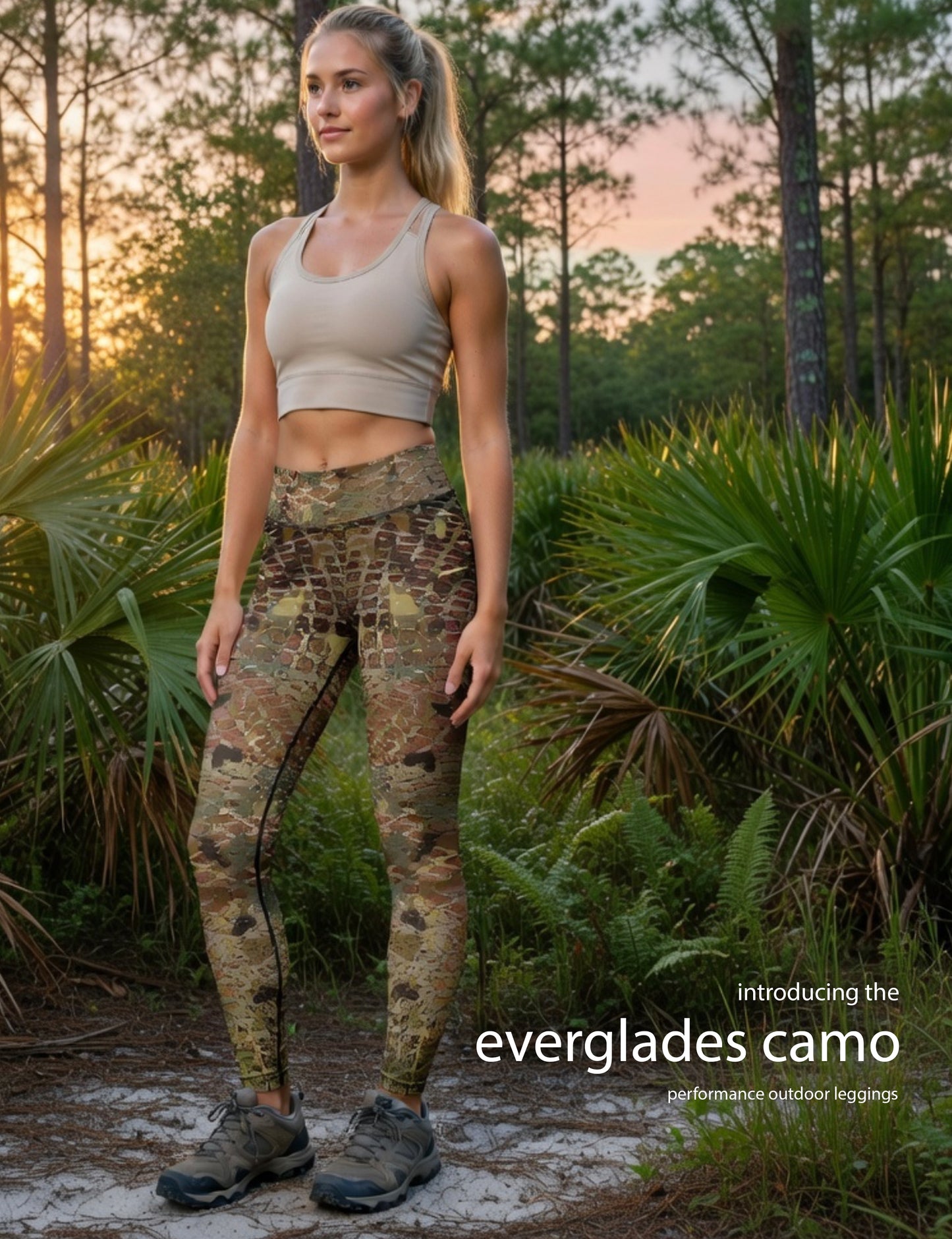 Everglades Camo - Women's Custom Sport Fishing Leggings featuring Crossfit Design, Double Stitch Seams, Cell/Tool Pocket MADE IN USA.