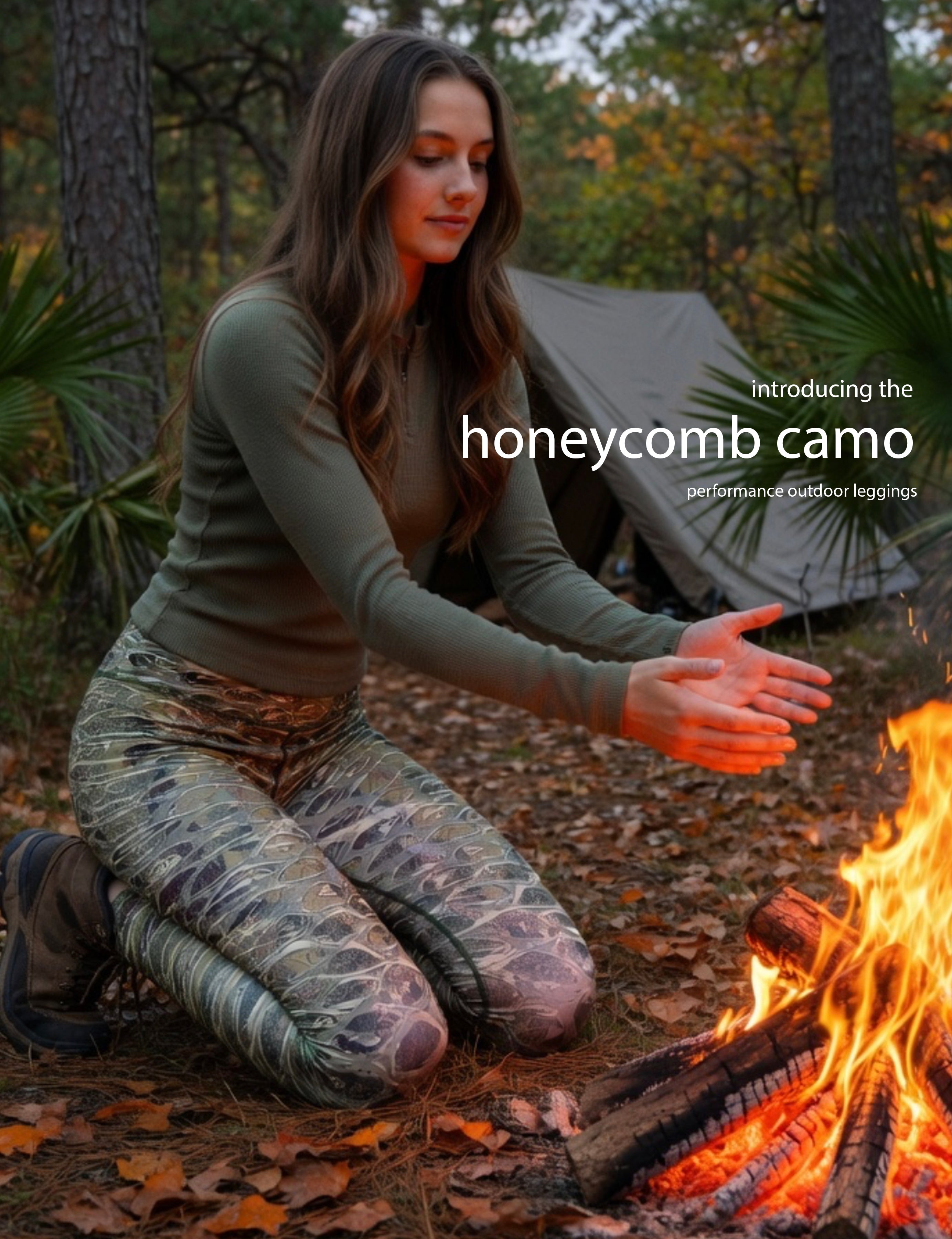 Honeycomb Camo - Women's Custom Sport Fishing Leggings featuring Crossfit Design, Double Stitch Seams, Cell/Tool Pocket MADE IN USA.