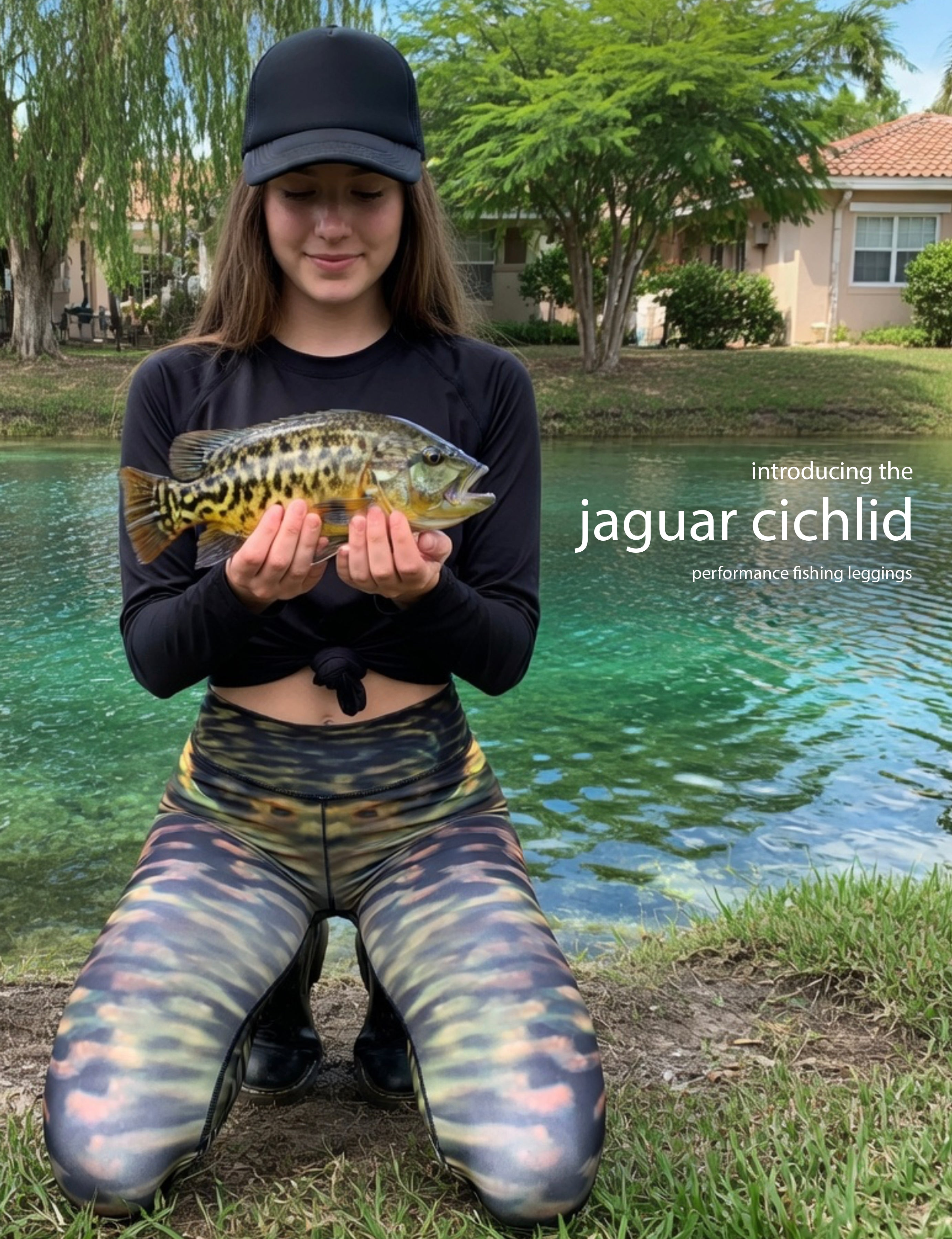 Jaguar Cichlid - Women's Custom Sport Fishing Leggings featuring Crossfit Design, Double Stitch Seams, Cell/Tool Pocket MADE IN USA.