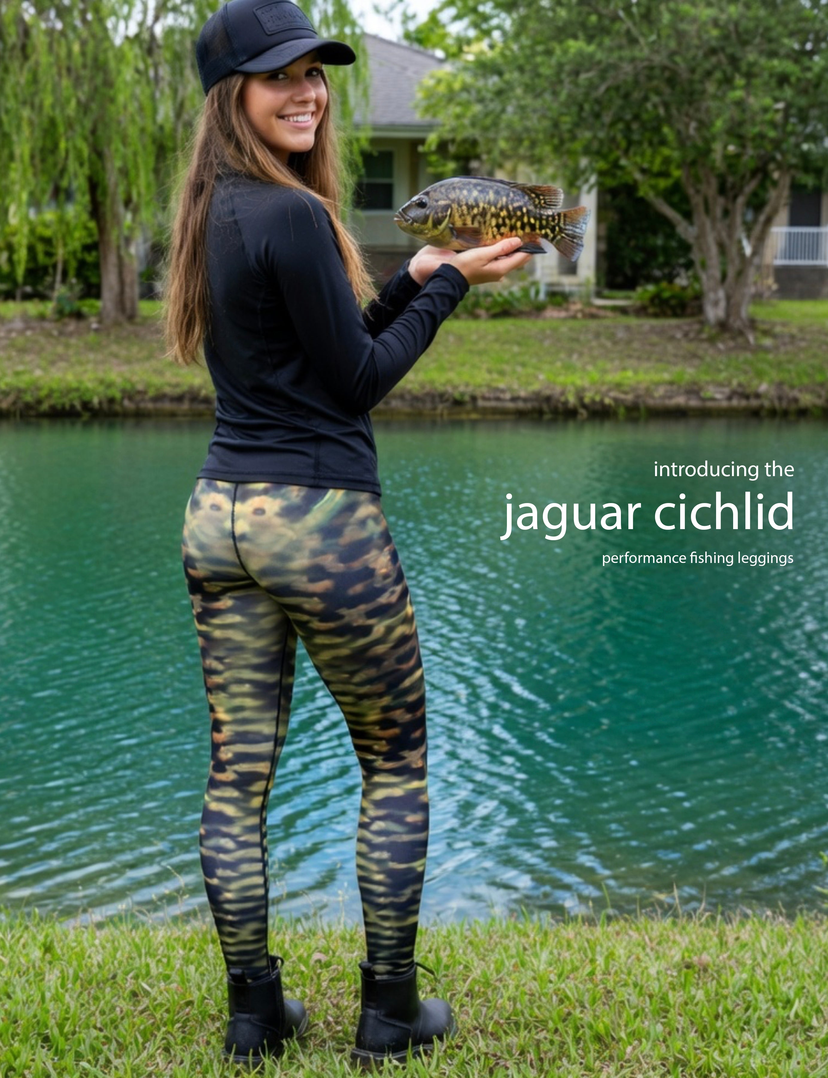 Jaguar Cichlid - Women's Custom Sport Fishing Leggings featuring Crossfit Design, Double Stitch Seams, Cell/Tool Pocket MADE IN USA.