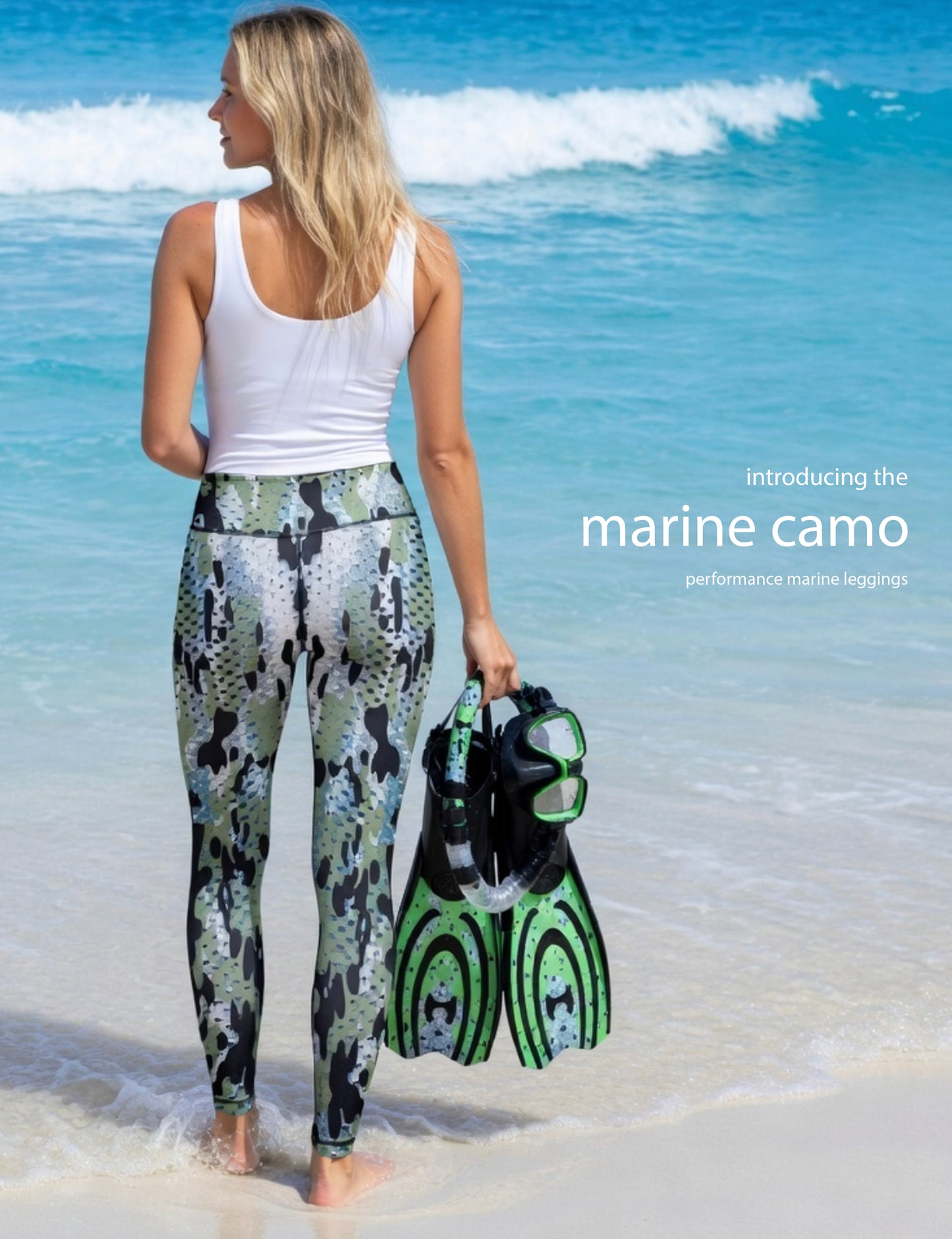 Marine Camo - Women's Custom Sport Fishing Leggings featuring Crossfit Design, Double Stitch Seams, Cell/Tool Pocket MADE IN USA.
