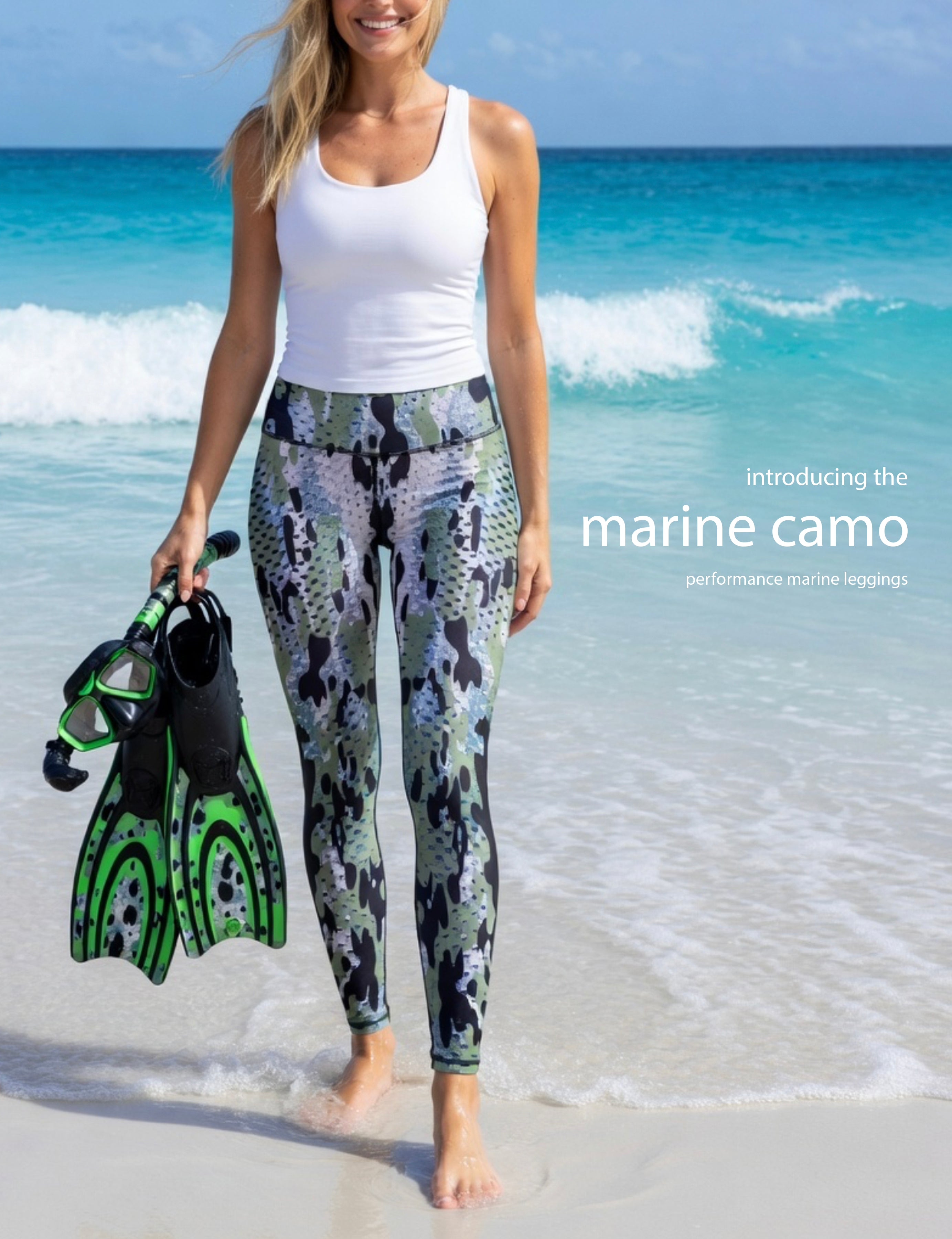 Marine Camo - Women's Custom Sport Fishing Leggings featuring Crossfit Design, Double Stitch Seams, Cell/Tool Pocket MADE IN USA.