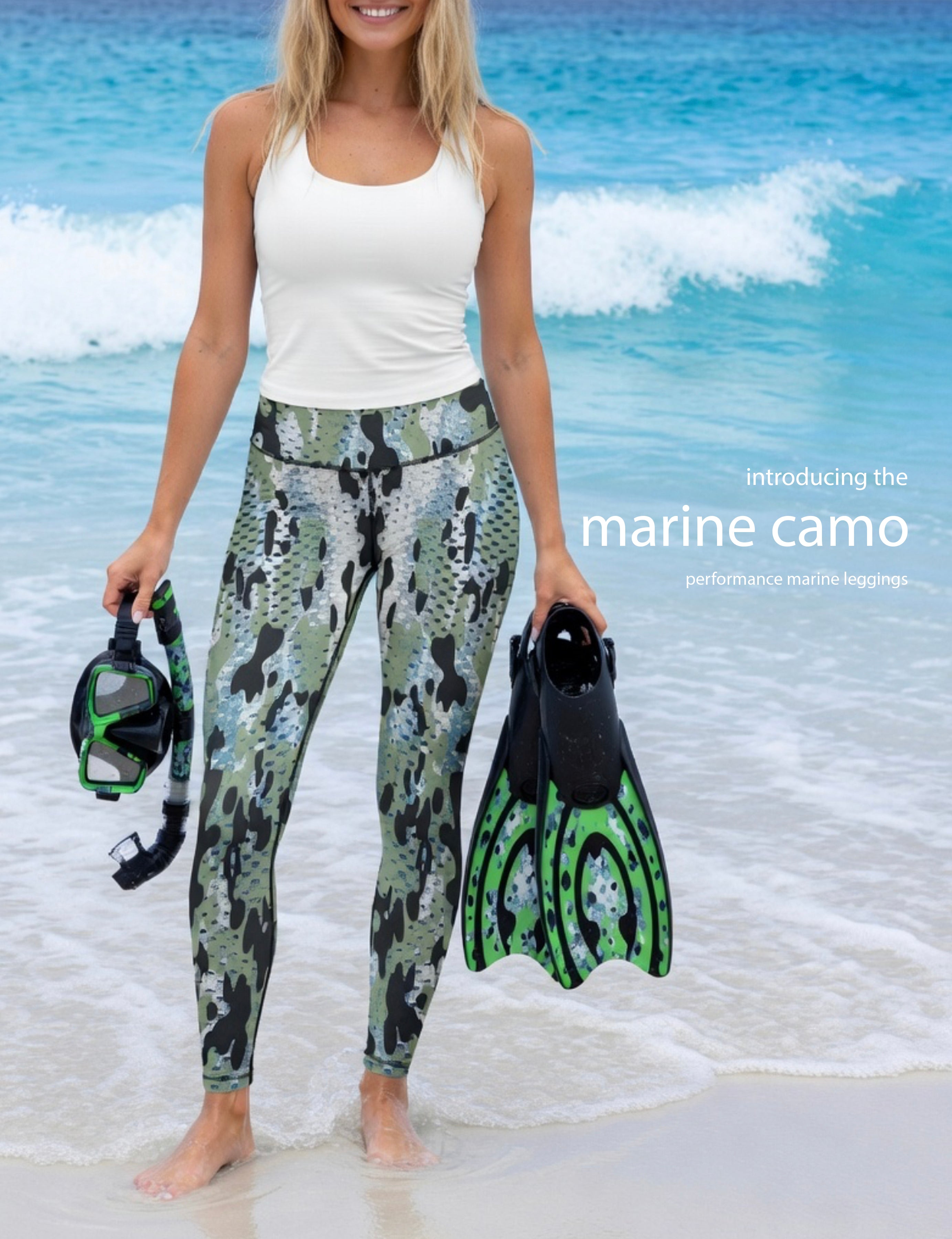 Marine Camo - Women's Custom Sport Fishing Leggings featuring Crossfit Design, Double Stitch Seams, Cell/Tool Pocket MADE IN USA.