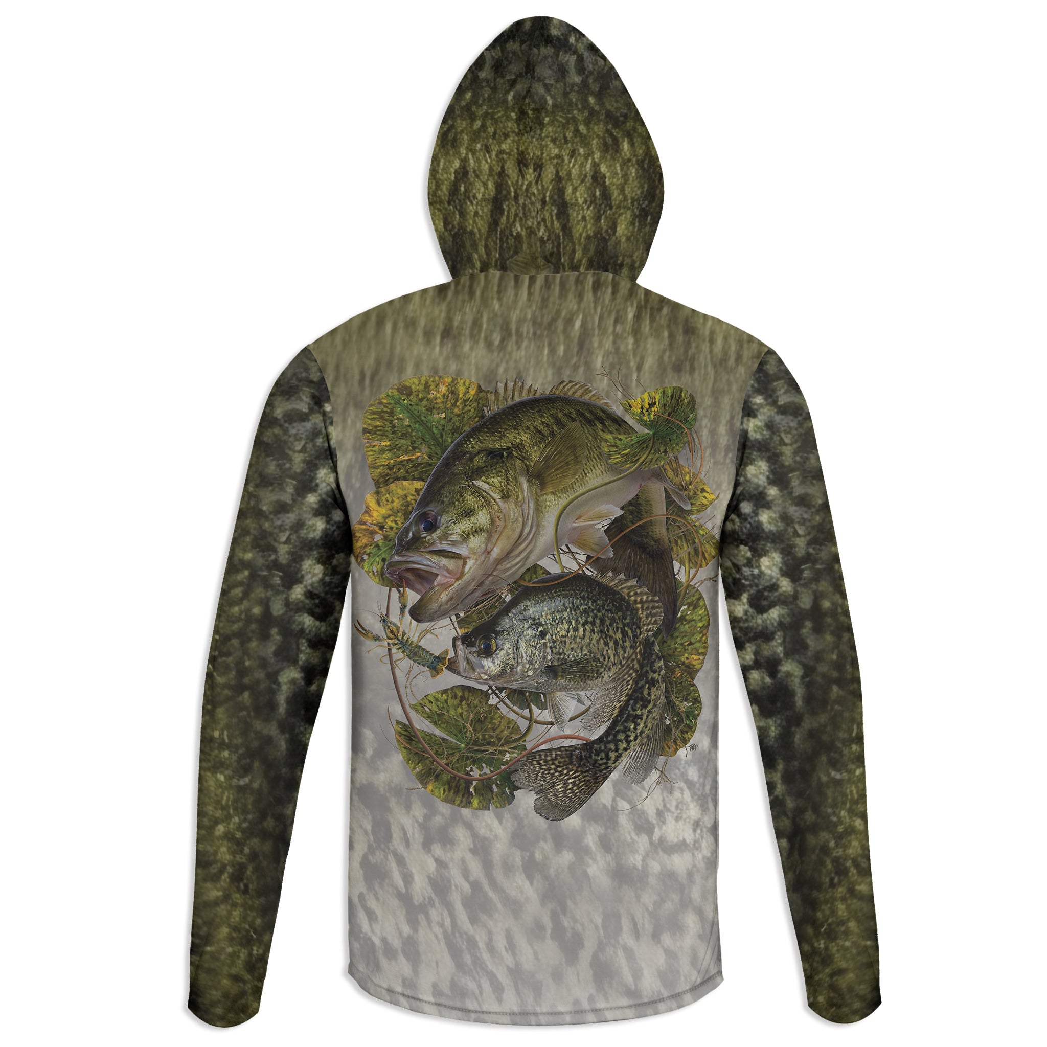 Bass and Black Crappie - Unisex Long Sleeve Sun Proof Performance Fishing Top with built in Hoodie and Gaiter (short sleeve option also available)