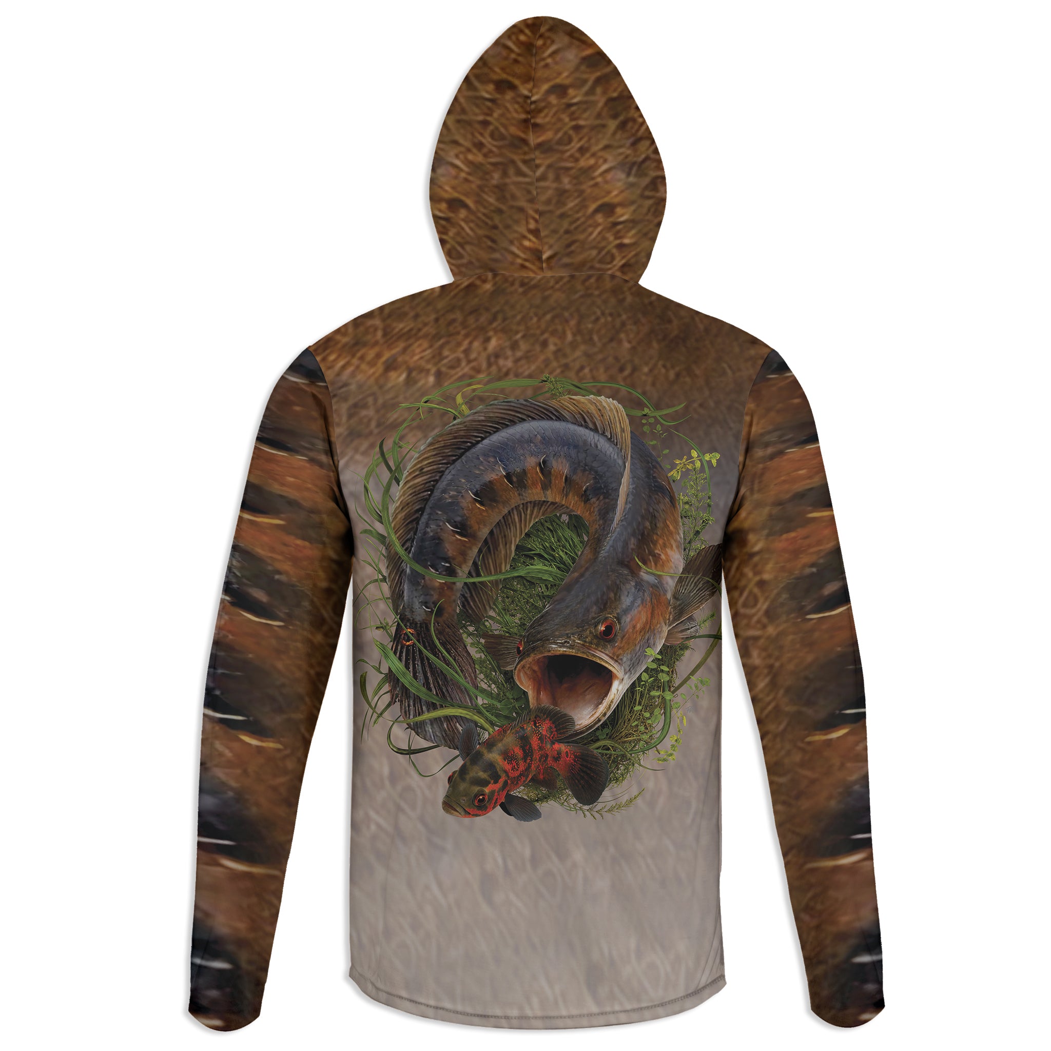 Snakehead and Oscar - Unisex Long Sleeve Sun Proof Performance Fishing Top with built in Hoodie and Gaiter (short sleeve option also available)