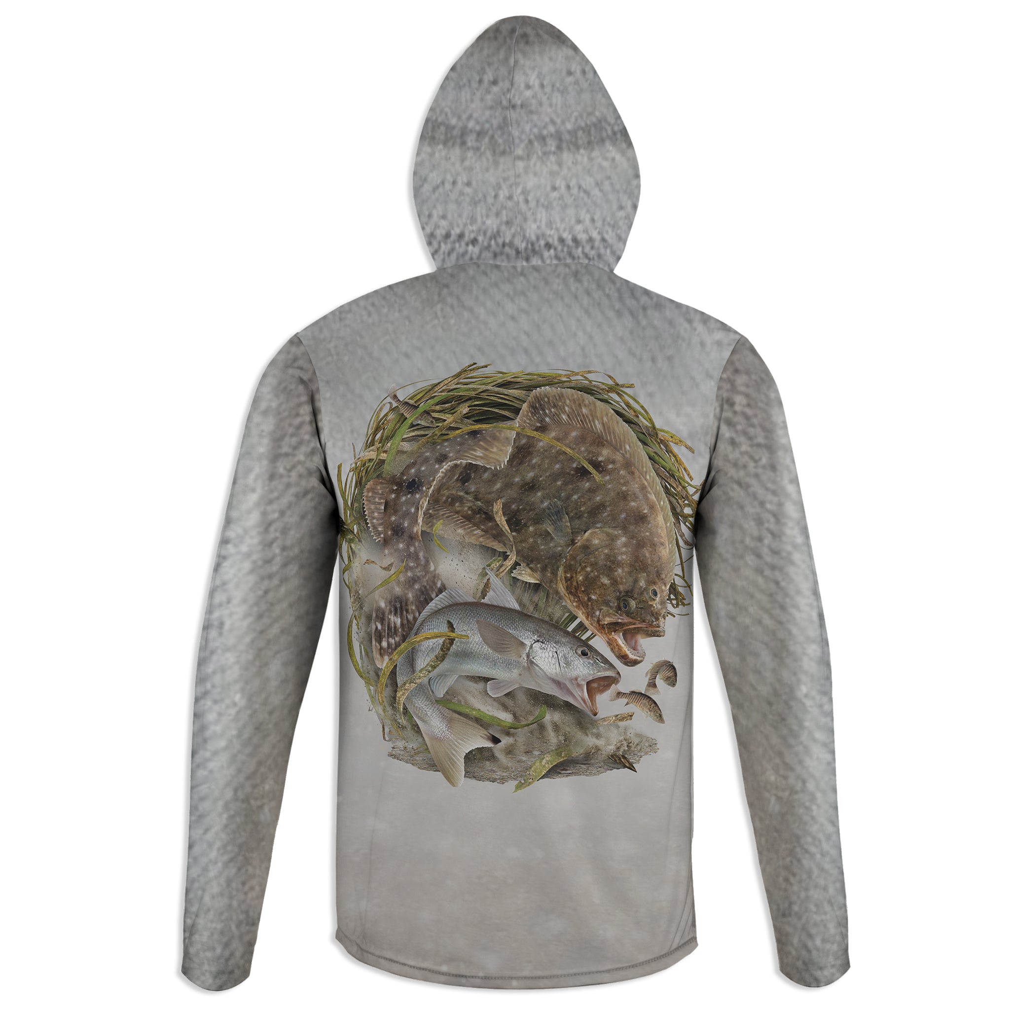 Flounder and Whiting - Unisex Long Sleeve Sun Proof Performance Fishing Top with built in Hoodie and Gaiter (short sleeve option also available)