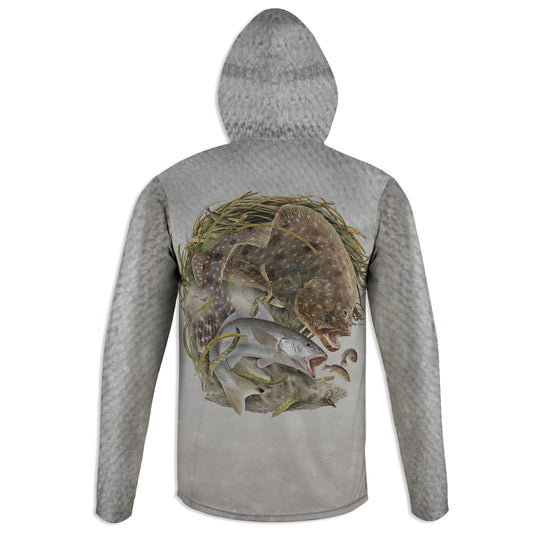 Flounder and Whiting - Unisex Long Sleeve Sun Proof Performance Fishing Top with built in Hoodie and Gaiter (short sleeve option also available)