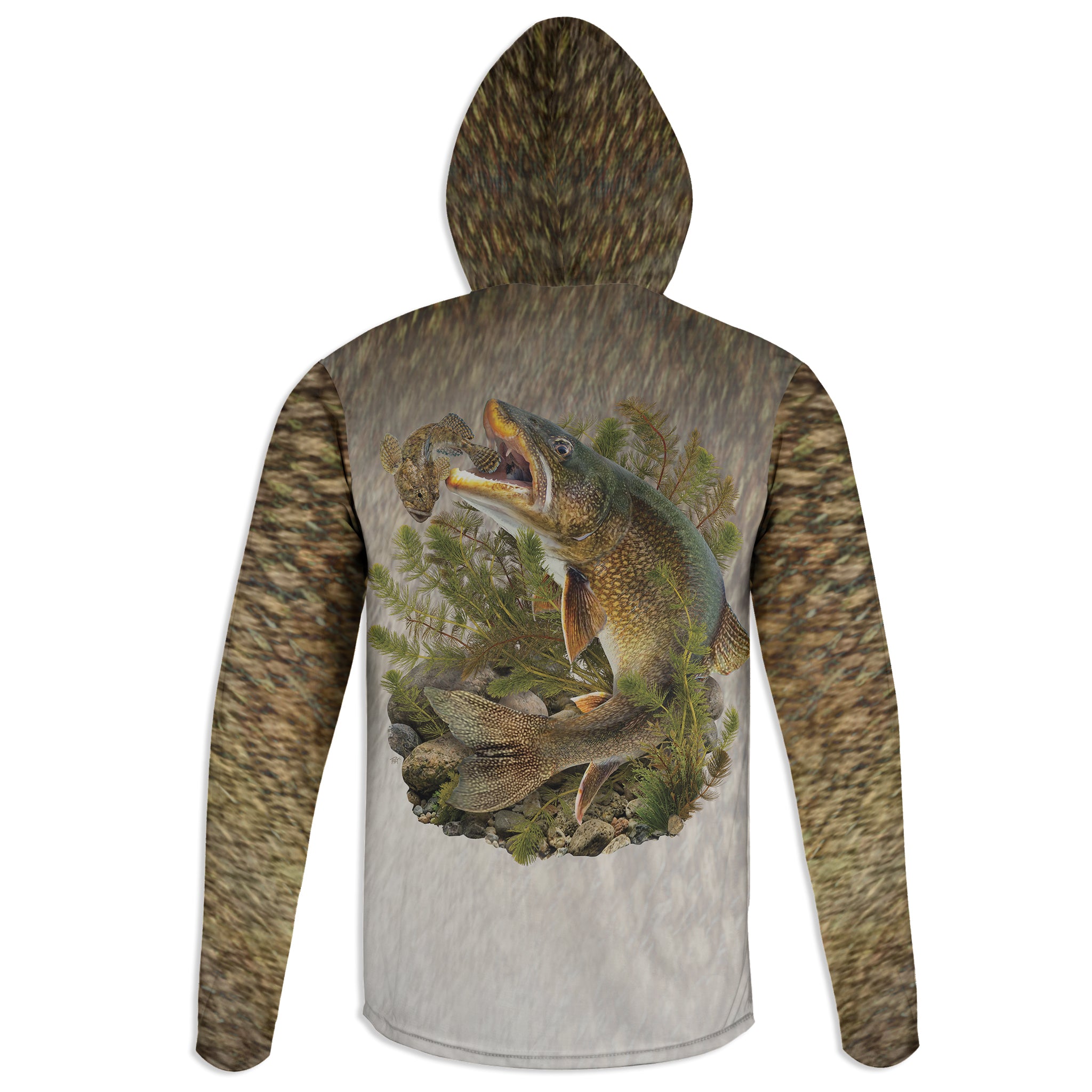 Lake Trout and Sculpin - Unisex Long Sleeve Sun Proof Performance Fishing Top with built in Hoodie and Gaiter (short sleeve option also available)