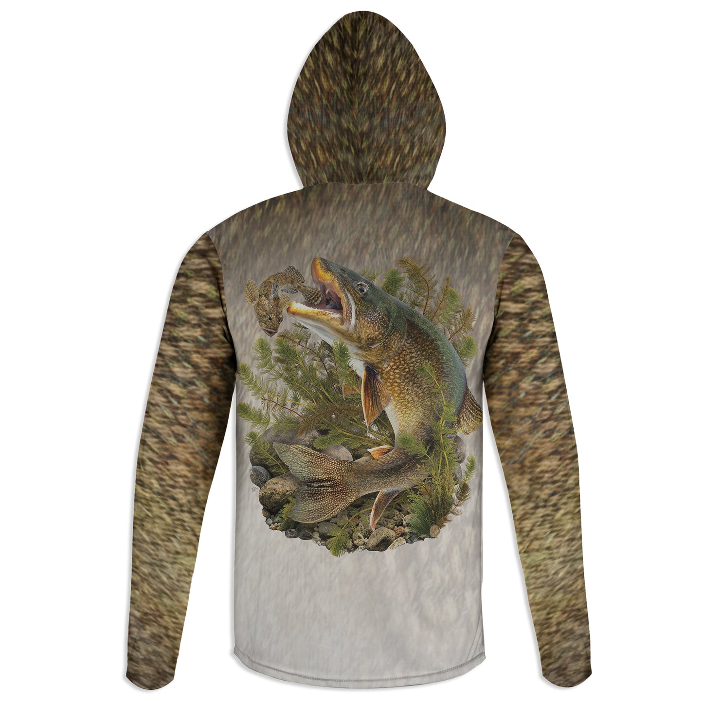 Lake Trout and Sculpin - Unisex Long Sleeve Sun Proof Performance Fishing Top with built in Hoodie and Gaiter (short sleeve option also available)