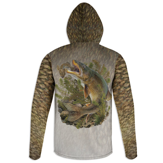 Lake Trout and Sculpin - Unisex Long Sleeve Sun Proof Performance Fishing Top with built in Hoodie and Gaiter (short sleeve option also available)