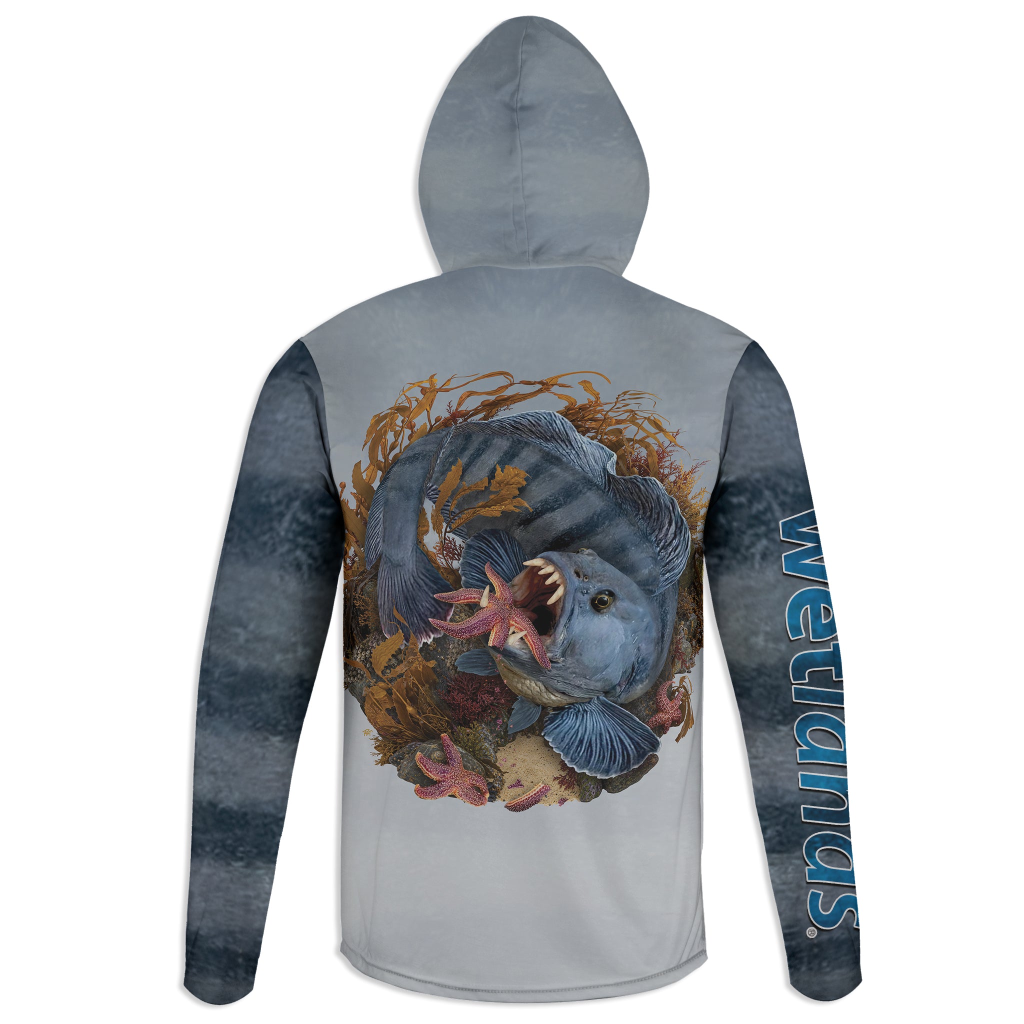 Atlantic Striped Wolf Fish - Unisex Long Sleeve Sun Proof Performance Fishing Top with built in Hoodie and Gaiter (short sleeve option also available)