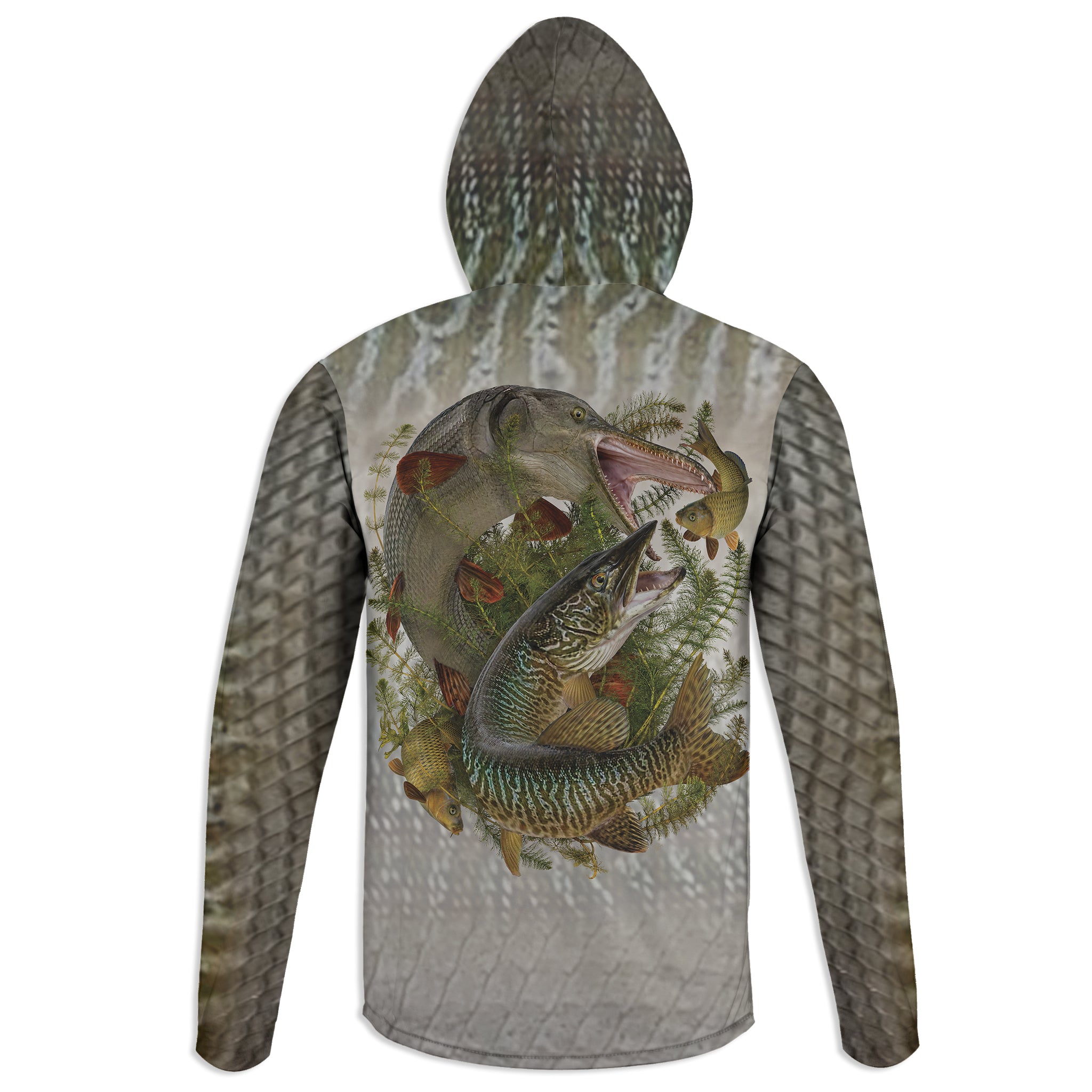 Muskie and Gar - Unisex Long Sleeve Sun Proof Performance Fishing Top with built in Hoodie and Gaiter (short sleeve option also available)