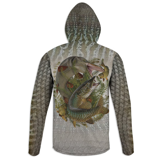 Muskie and Gar - Unisex Long Sleeve Sun Proof Performance Fishing Top with built in Hoodie and Gaiter (short sleeve option also available)