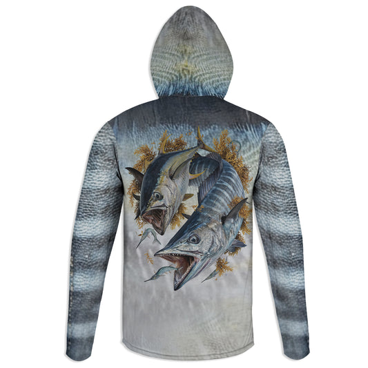 Wahoo and Tuna - Unisex Long Sleeve Sun Proof Performance Fishing Top with built in Hoodie and Gaiter (short sleeve option also available)