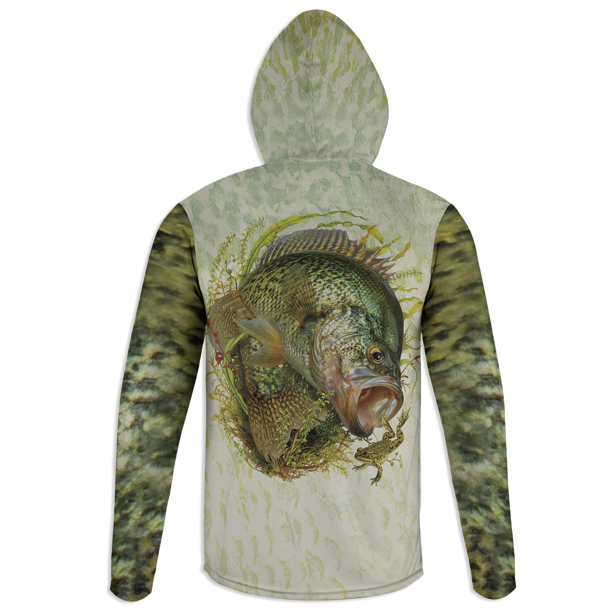 Crappie and Frog - Unisex Long Sleeve Sun Proof Performance Fishing Top with built in Hoodie and Gaiter (short sleeve option also available)