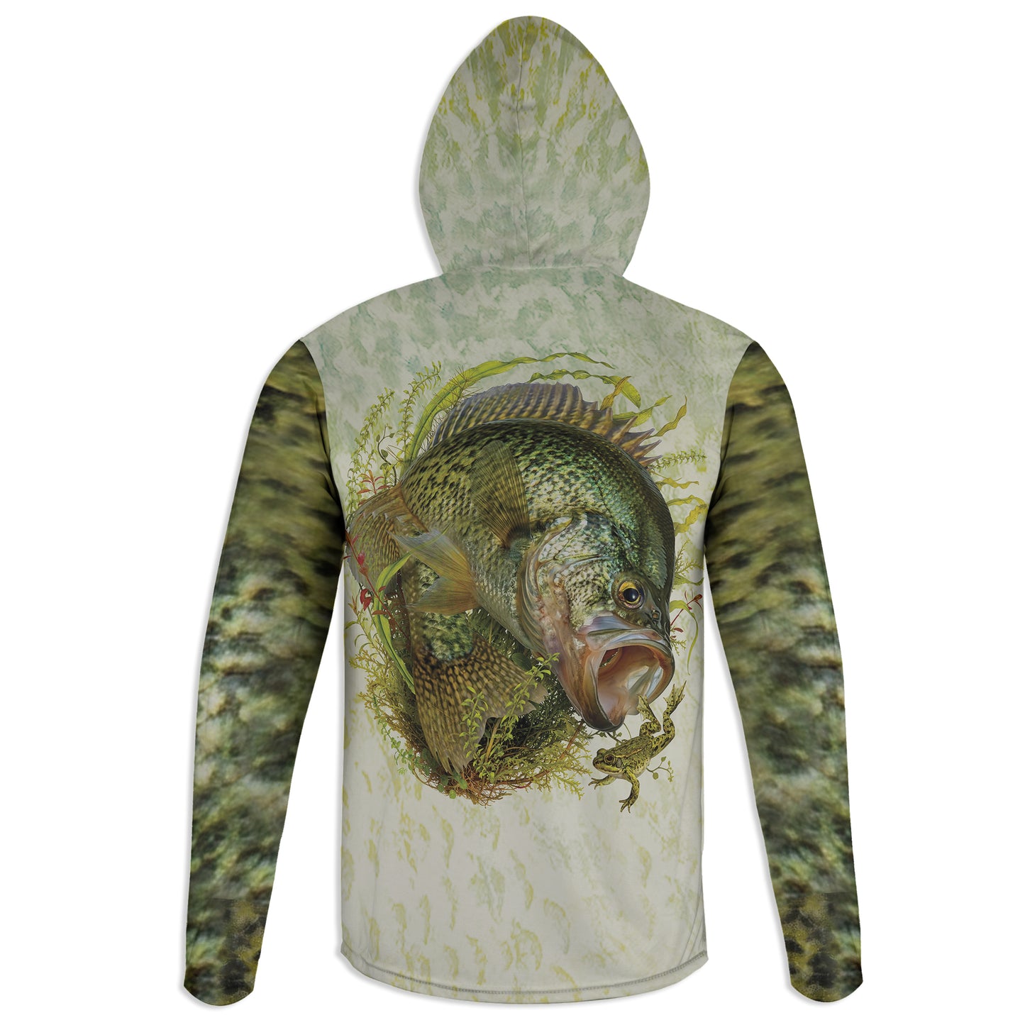 Crappie and Frog - Unisex Long Sleeve Sun Proof Performance Fishing Top with built in Hoodie and Gaiter (short sleeve option also available)