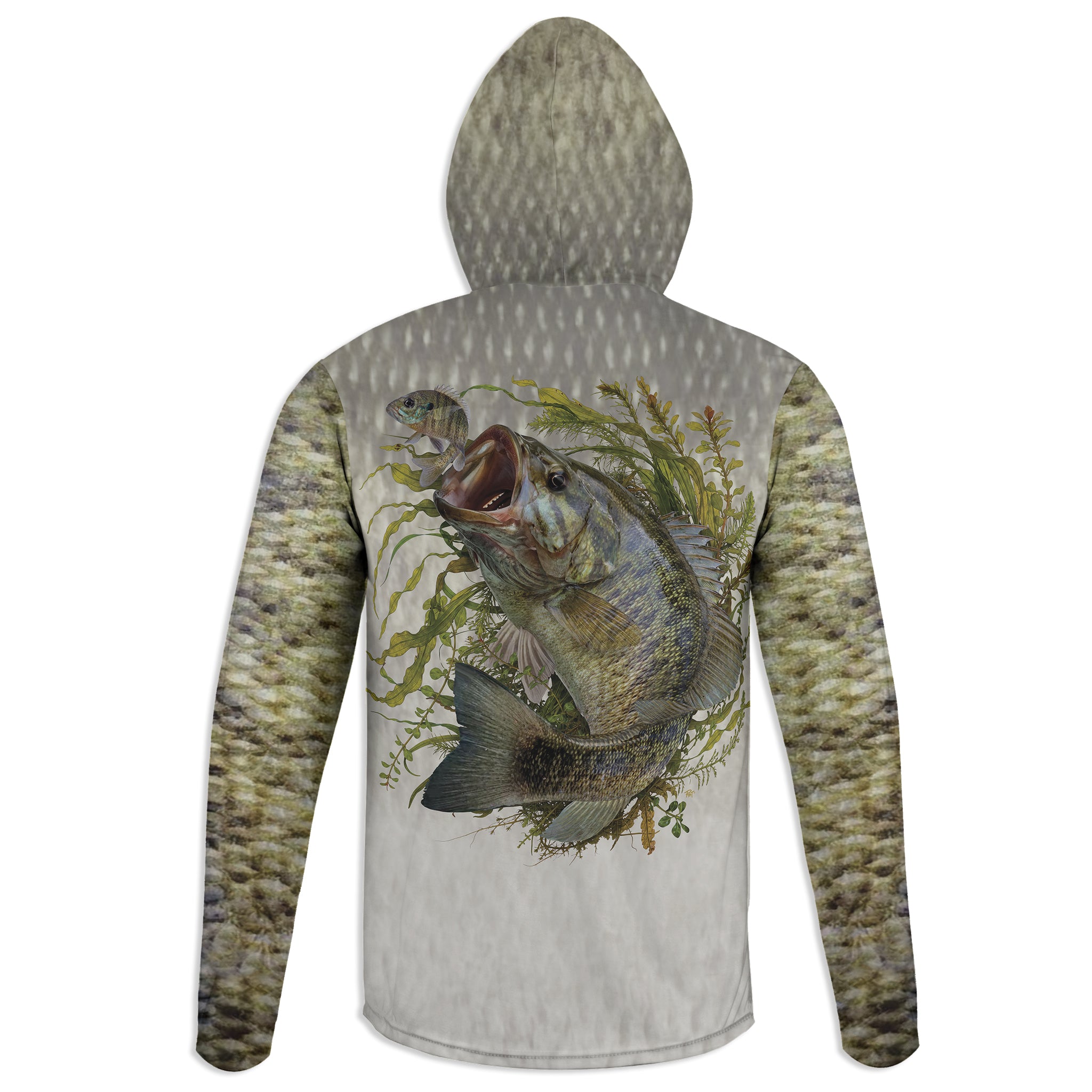Mean Mouth Bass - Unisex Long Sleeve Sun Proof Performance Fishing Top with built in Hoodie and Gaiter (short sleeve option also available)