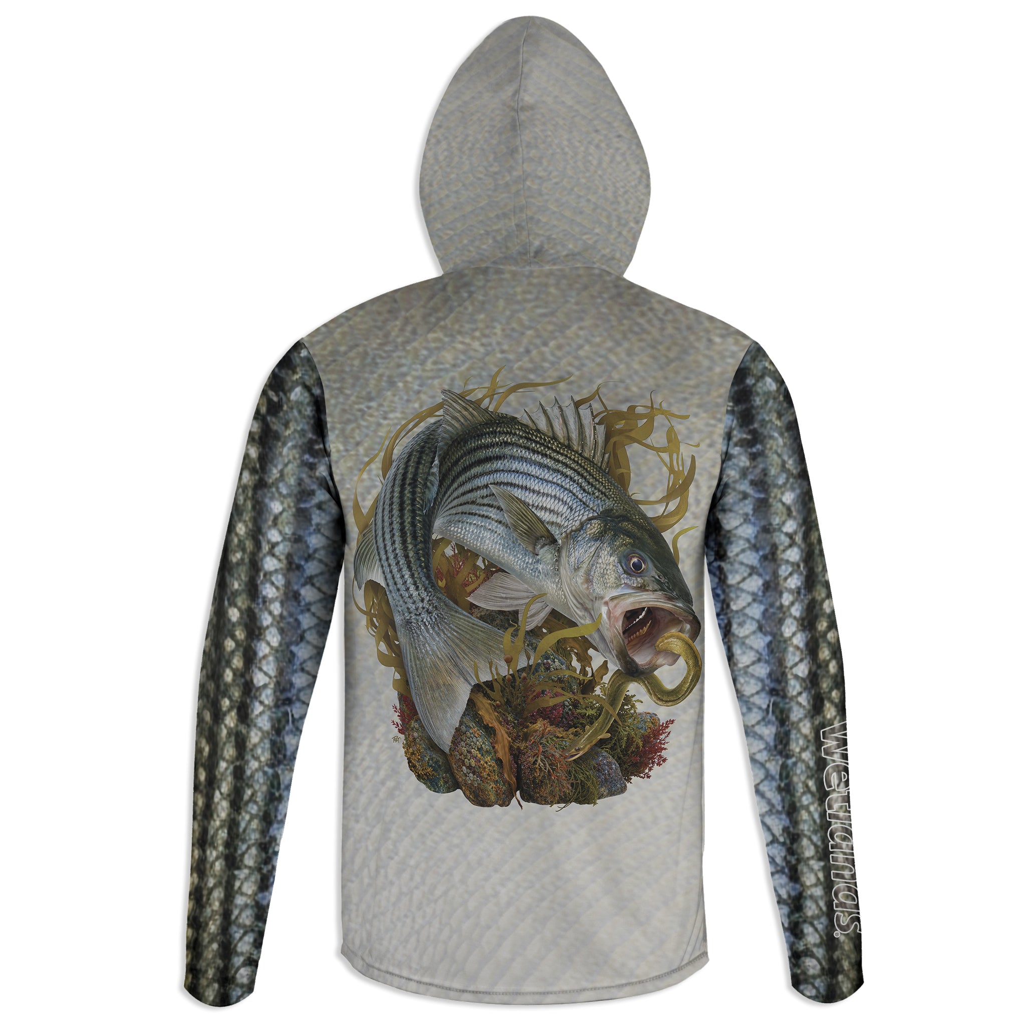 Striper and American Eel - Unisex Long Sleeve Sun Proof Performance Fishing Top with built in Hoodie and Gaiter (short sleeve option also available)