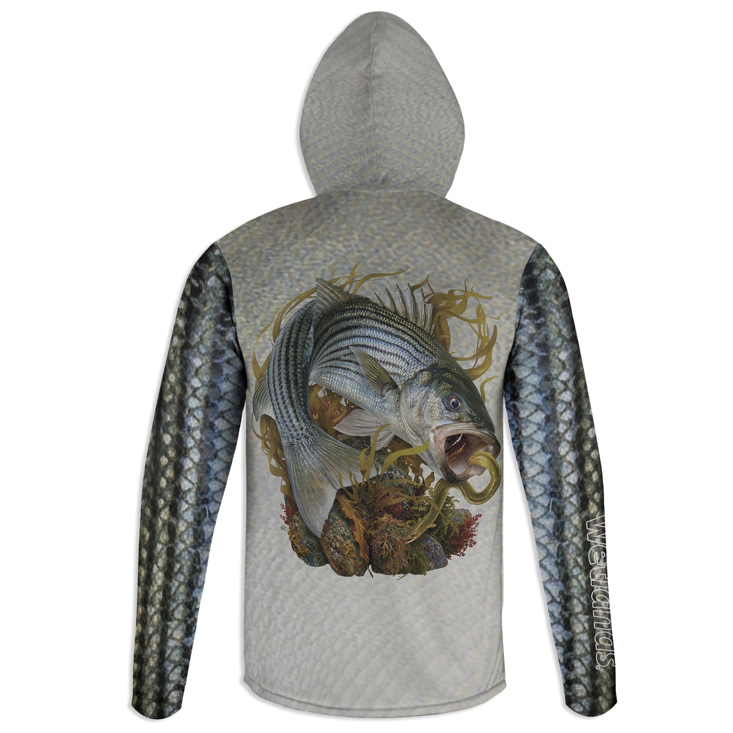 Striper and American Eel - Unisex Long Sleeve Sun Proof Performance Fishing Top with built in Hoodie and Gaiter (short sleeve option also available)