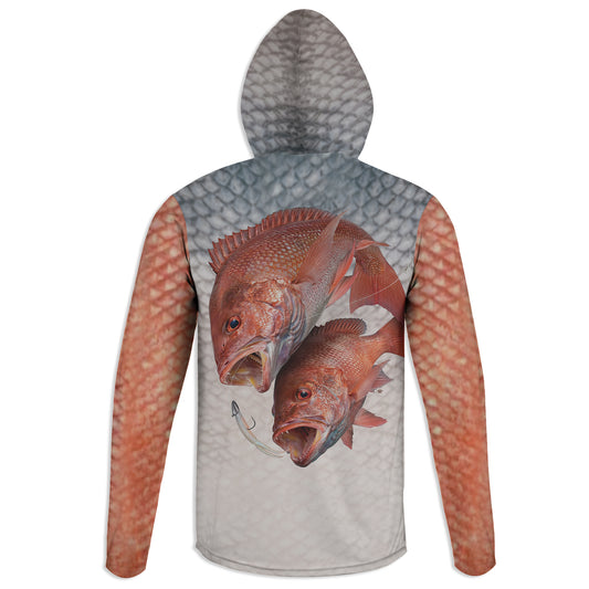 Red Snapper - Unisex Long Sleeve Sun Proof Performance Fishing Top with built in Hoodie and Gaiter (short sleeve option also available)
