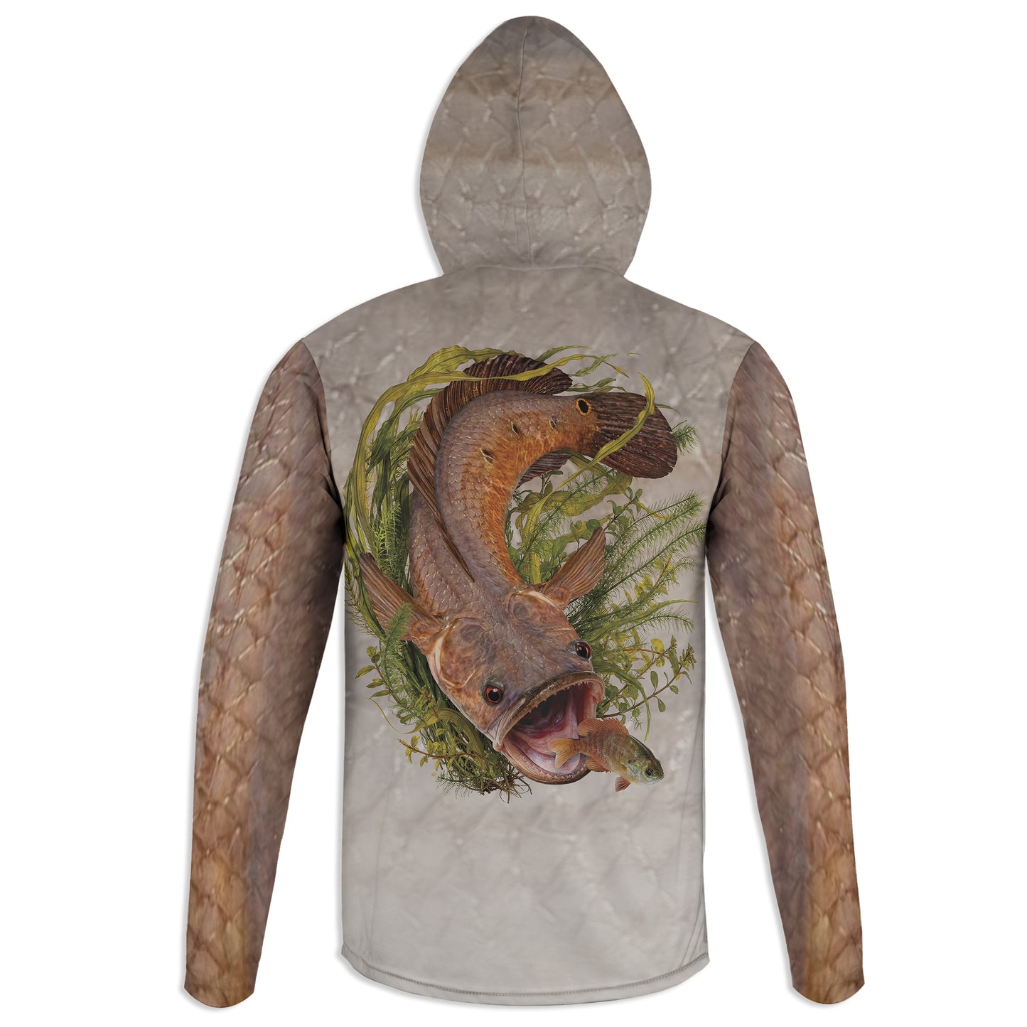 Snakehead and Bluegill - Unisex Long Sleeve Sun Proof Performance Fishing Top with built in Hoodie and Gaiter (short sleeve option also available)