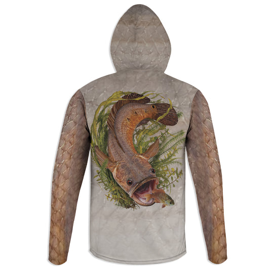 Snakehead and Bluegill - Unisex Long Sleeve Sun Proof Performance Fishing Top with built in Hoodie and Gaiter (short sleeve option also available)
