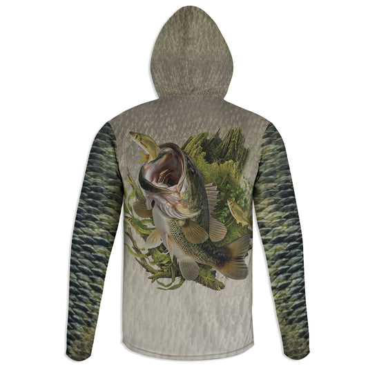 Bass and Shiners - Unisex Long Sleeve Sun Proof Performance Fishing Top with built in Hoodie and Gaiter (short sleeve option also available)