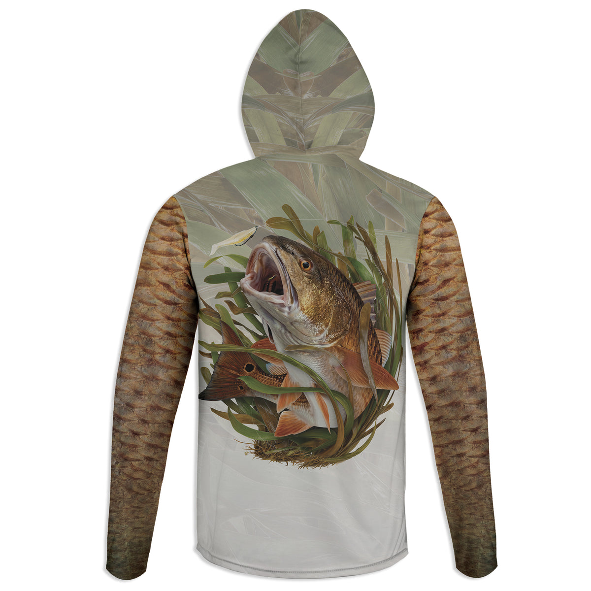 Redfish on Soft Plastic - Unisex Long Sleeve Sun Proof Performance Fishing Top with built in Hoodie and Gaiter (short sleeve option also available)
