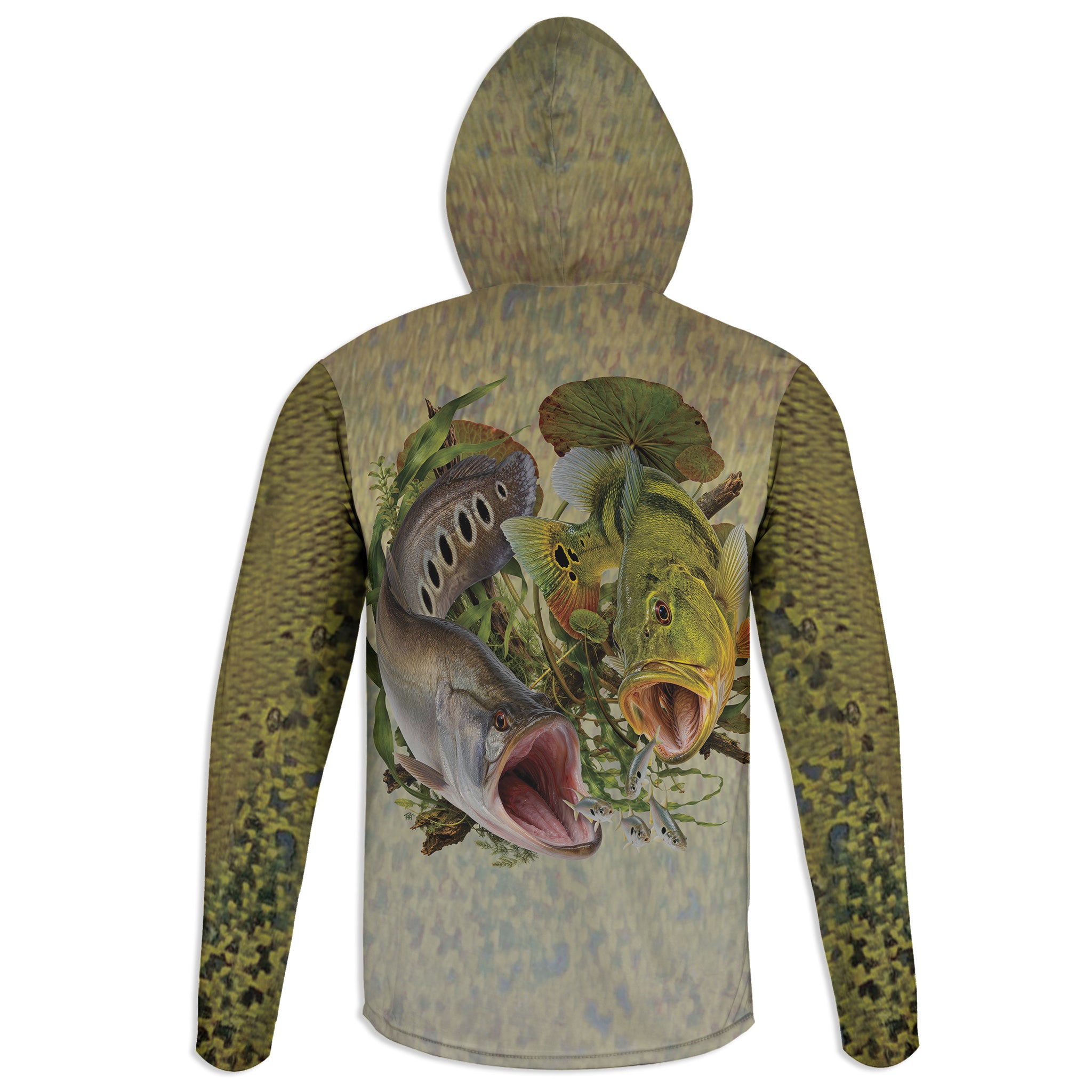 Peacock and Clown Knife - Unisex Long Sleeve Sun Proof Performance Fishing Top with built in Hoodie and Gaiter (short sleeve option also available)