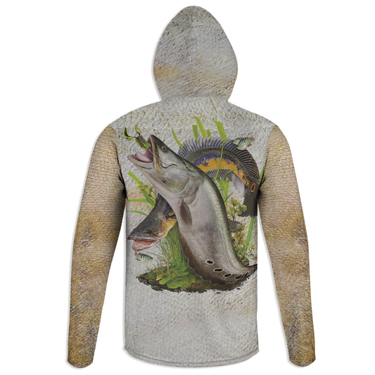 Snakehead and Clown Knife- Unisex Long Sleeve Sun Proof Performance Fishing Top with built in Hoodie and Gaiter (short sleeve option also available)