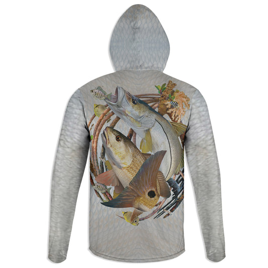 Snook and Redfish- Unisex Long Sleeve Sun Proof Performance Fishing Top with built in Hoodie and Gaiter (short sleeve option also available)