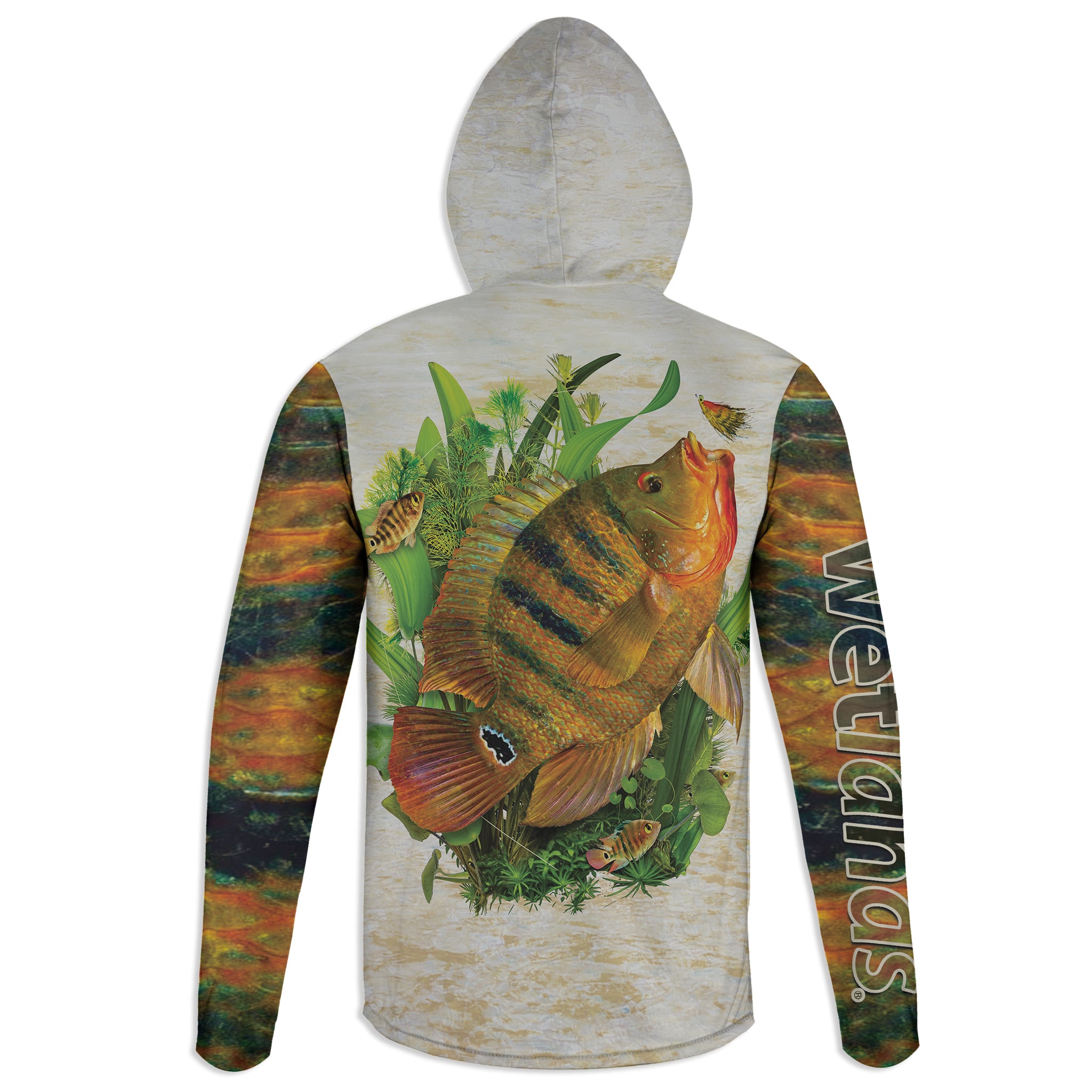 Mayan Cichlid- Unisex Long Sleeve Sun Proof Performance Fishing Top with built in Hoodie and Gaiter (short sleeve option also available)