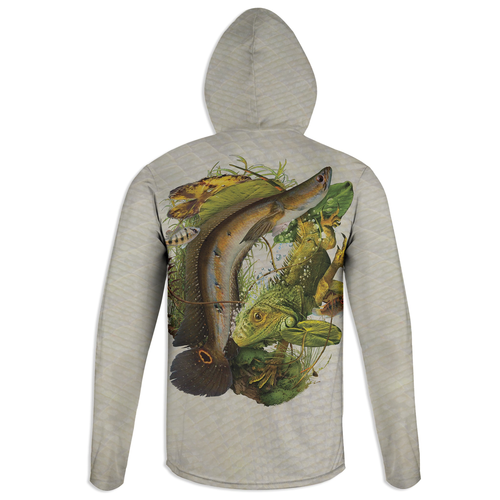 Iguana and Snakehead - Unisex Long Sleeve Sun Proof Performance Fishing Top with built in Hoodie and Gaiter (short sleeve option also available)