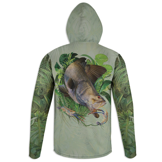 Barramundi & Prawn  - Unisex Long Sleeve Sun Proof Performance Fishing Top with built in Hoodie and Gaiter (short sleeve option also available)