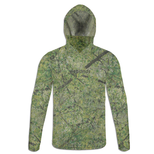 Pine Oak Camo - Unisex Long Sleeve Sun Proof Performance Fishing Top with built in Hoodie and Gaiter (short sleeve option also available)